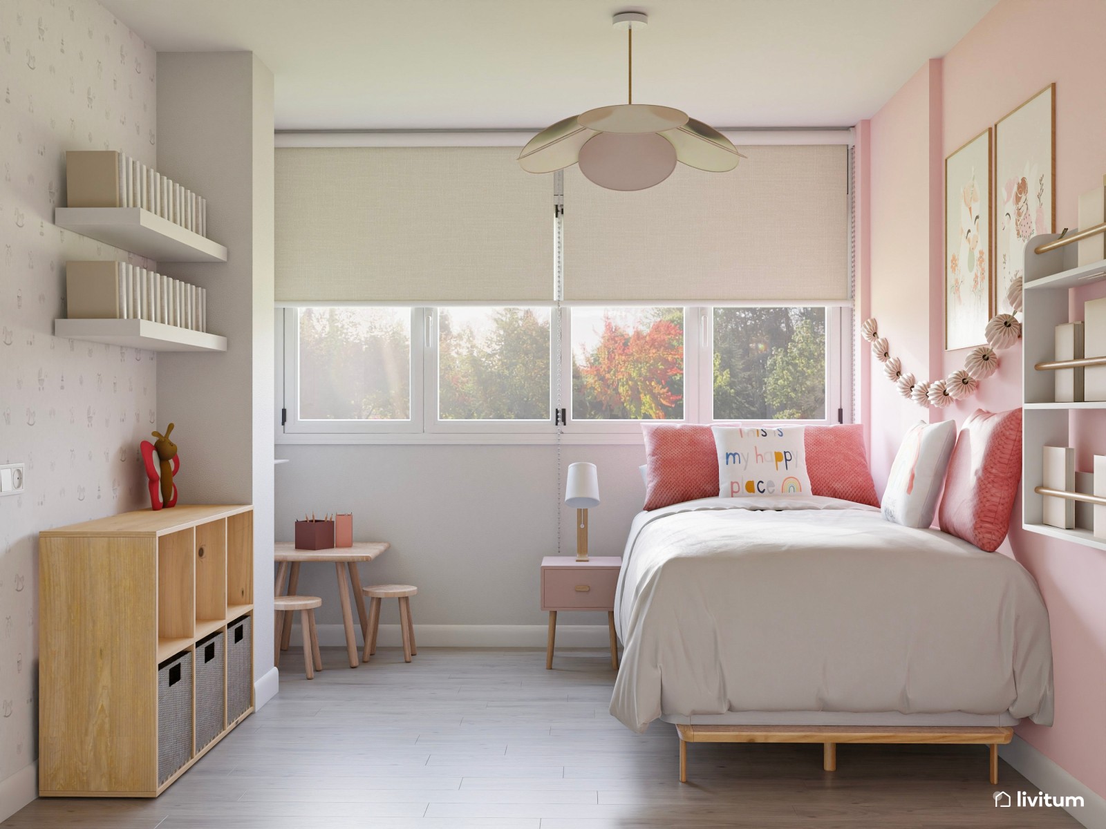 Dormitorio infantil con mesita de juego y decoración rosa