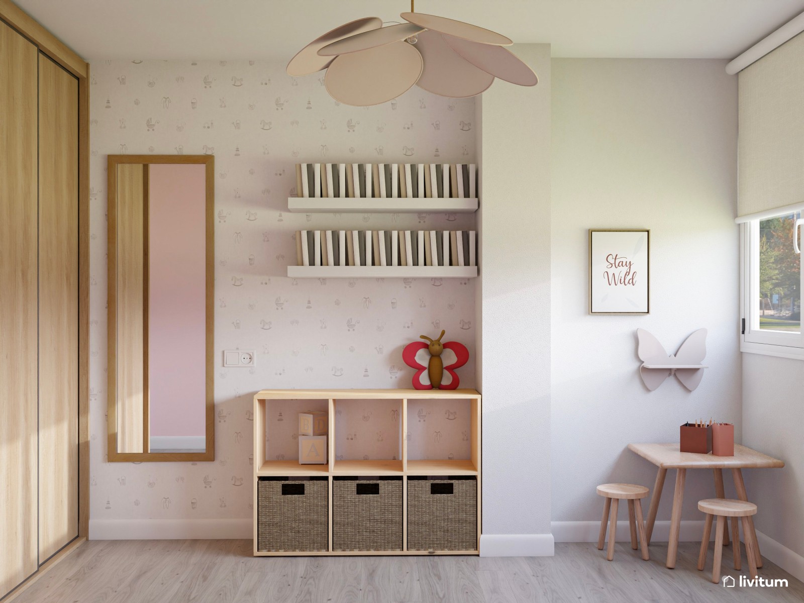 Dormitorio infantil con mesita de juego y decoración rosa