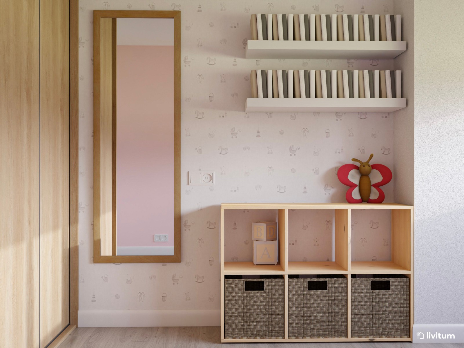 Dormitorio infantil con mesita de juego y decoración rosa