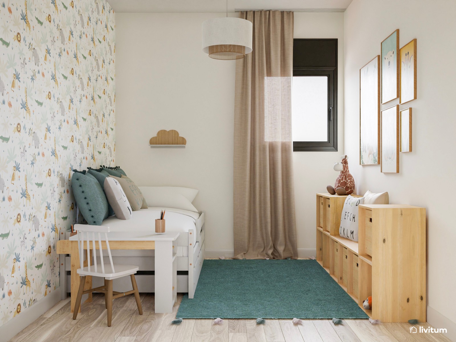 Dormitorio infantil con toques azules y pared de acento