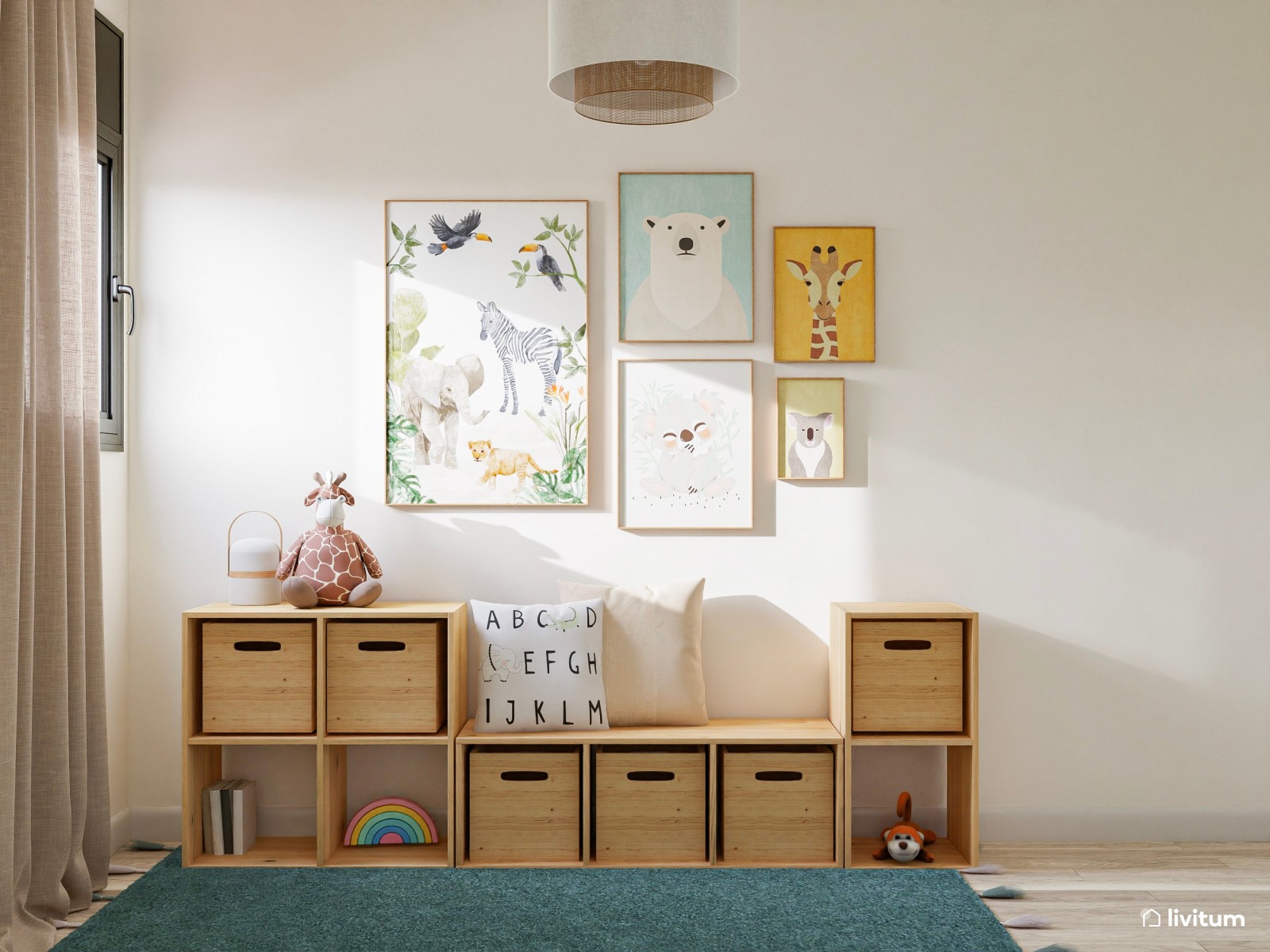 Dormitorio infantil con toques azules y pared de acento