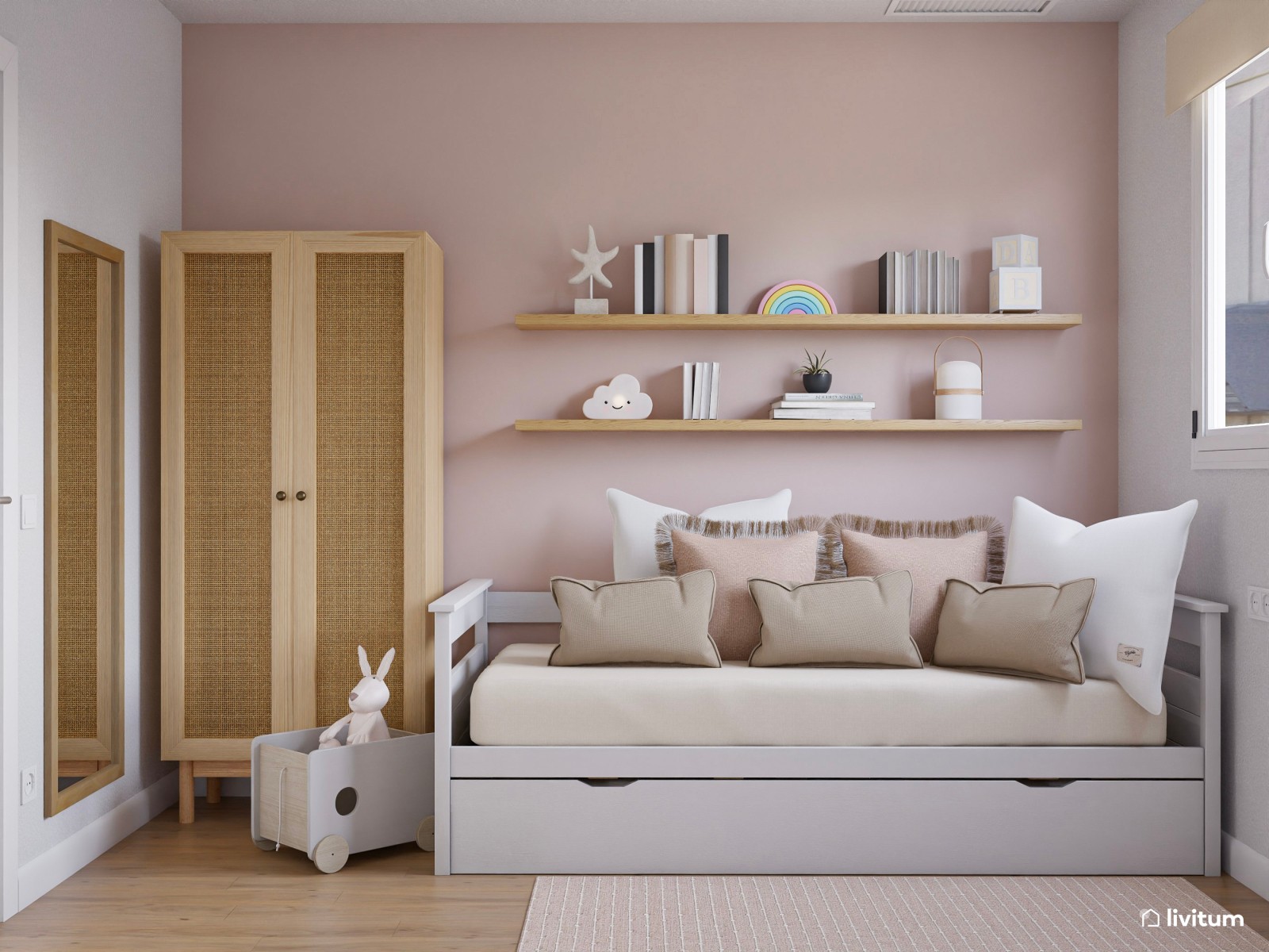 Dormitorio infantil decorado en madera y detalles en rosa 