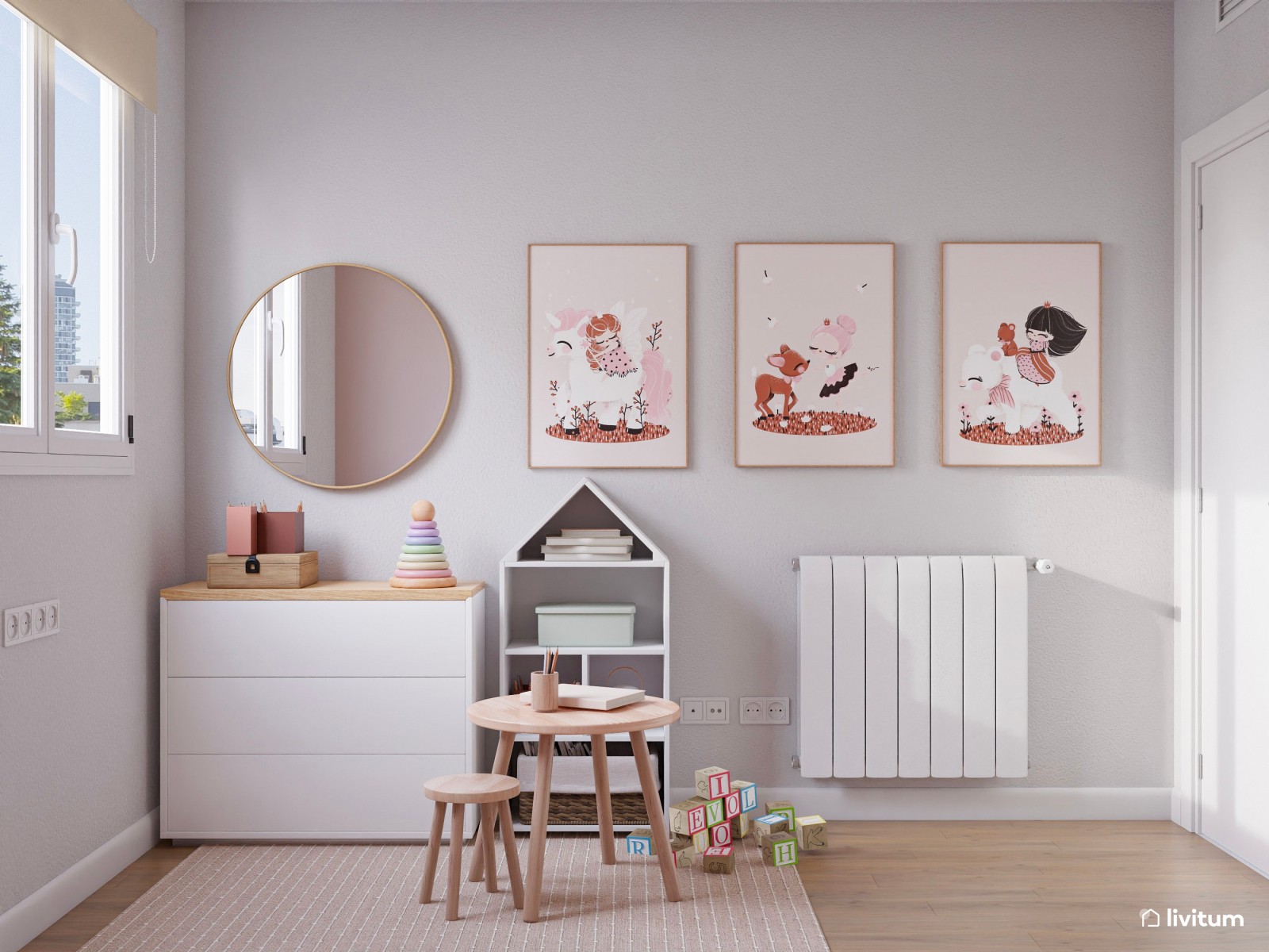 Dormitorio infantil decorado en madera y detalles en rosa 