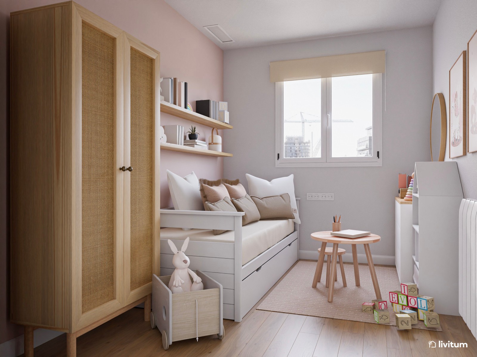 Dormitorio infantil decorado en madera y detalles en rosa 