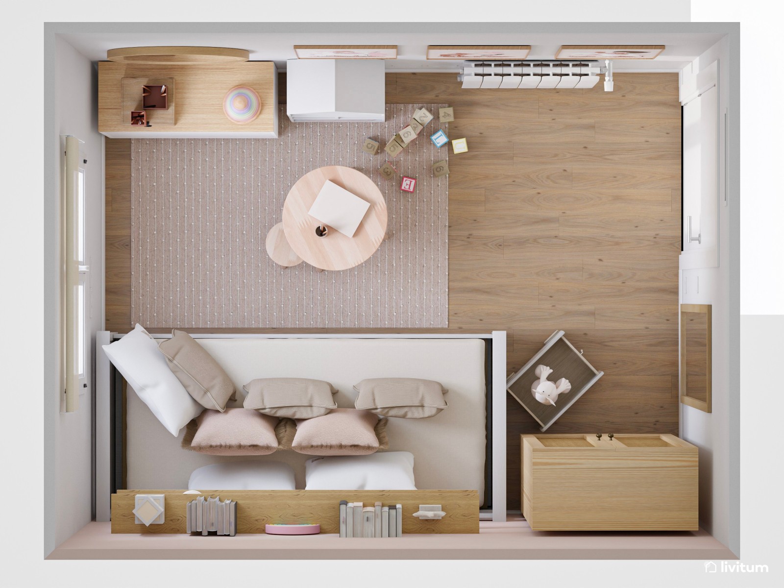 Dormitorio infantil decorado en madera y detalles en rosa 