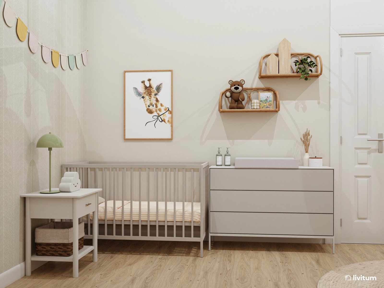 Dormitorio infantil doble con cama, cuna y mesita de juego