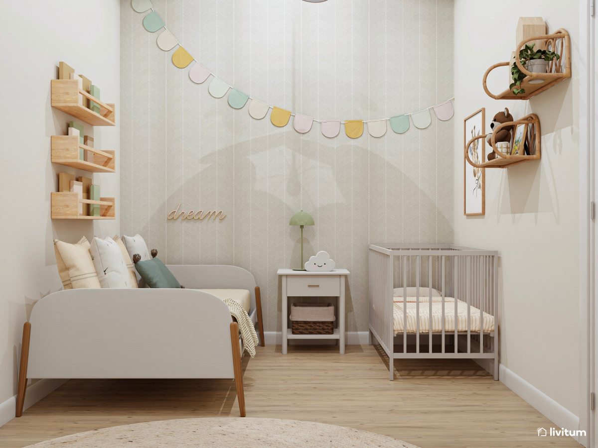 Dormitorio infantil doble con cama, cuna y mesita de juego