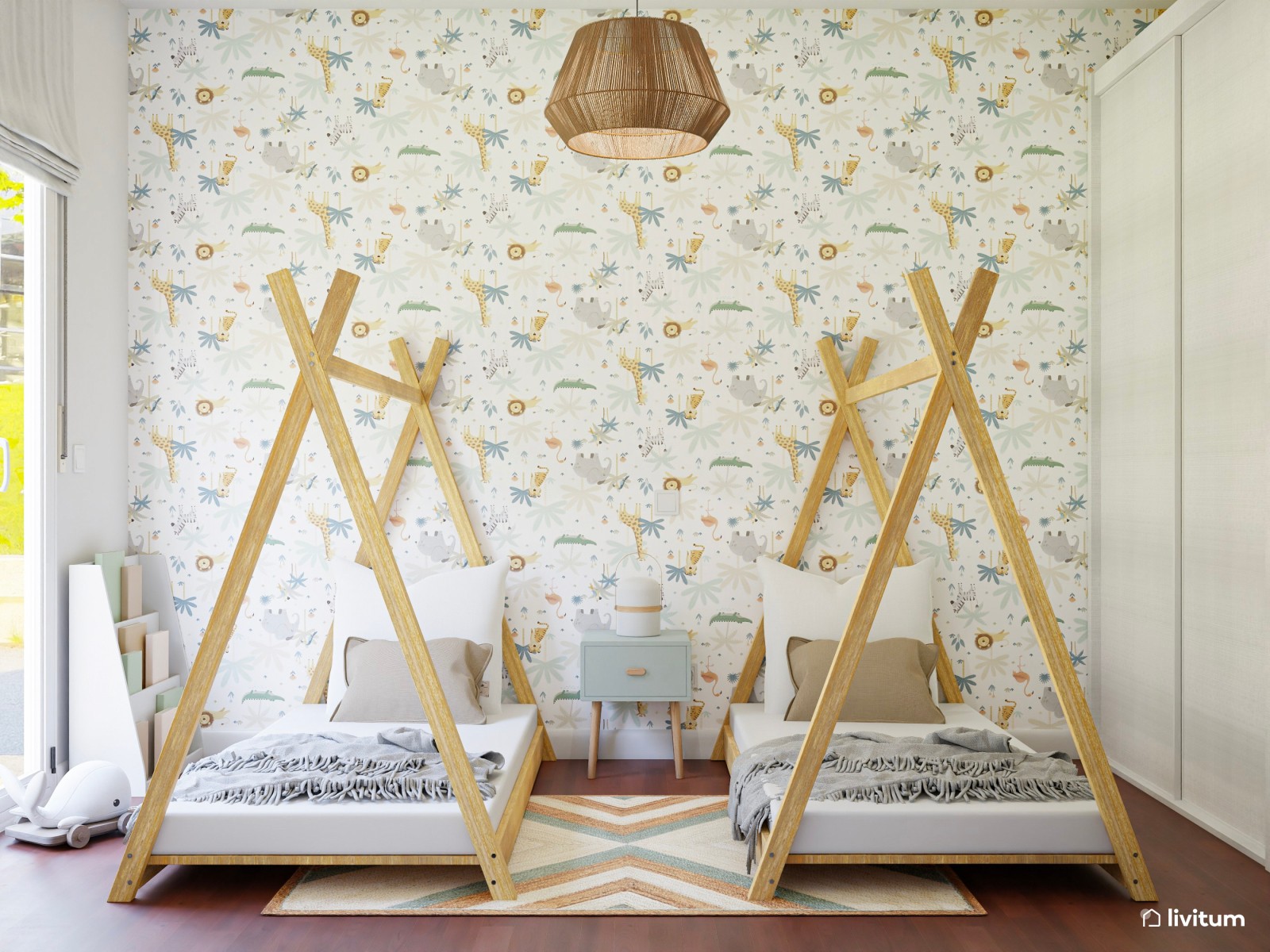 Dormitorio infantil doble con camas tipi y pared con papel pintado 