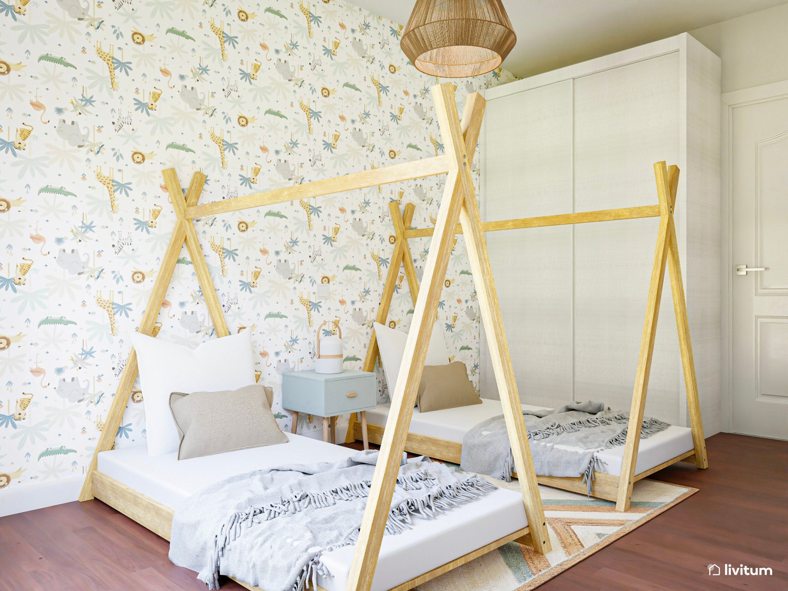 Dormitorio infantil doble con camas tipi y pared con papel pintado 