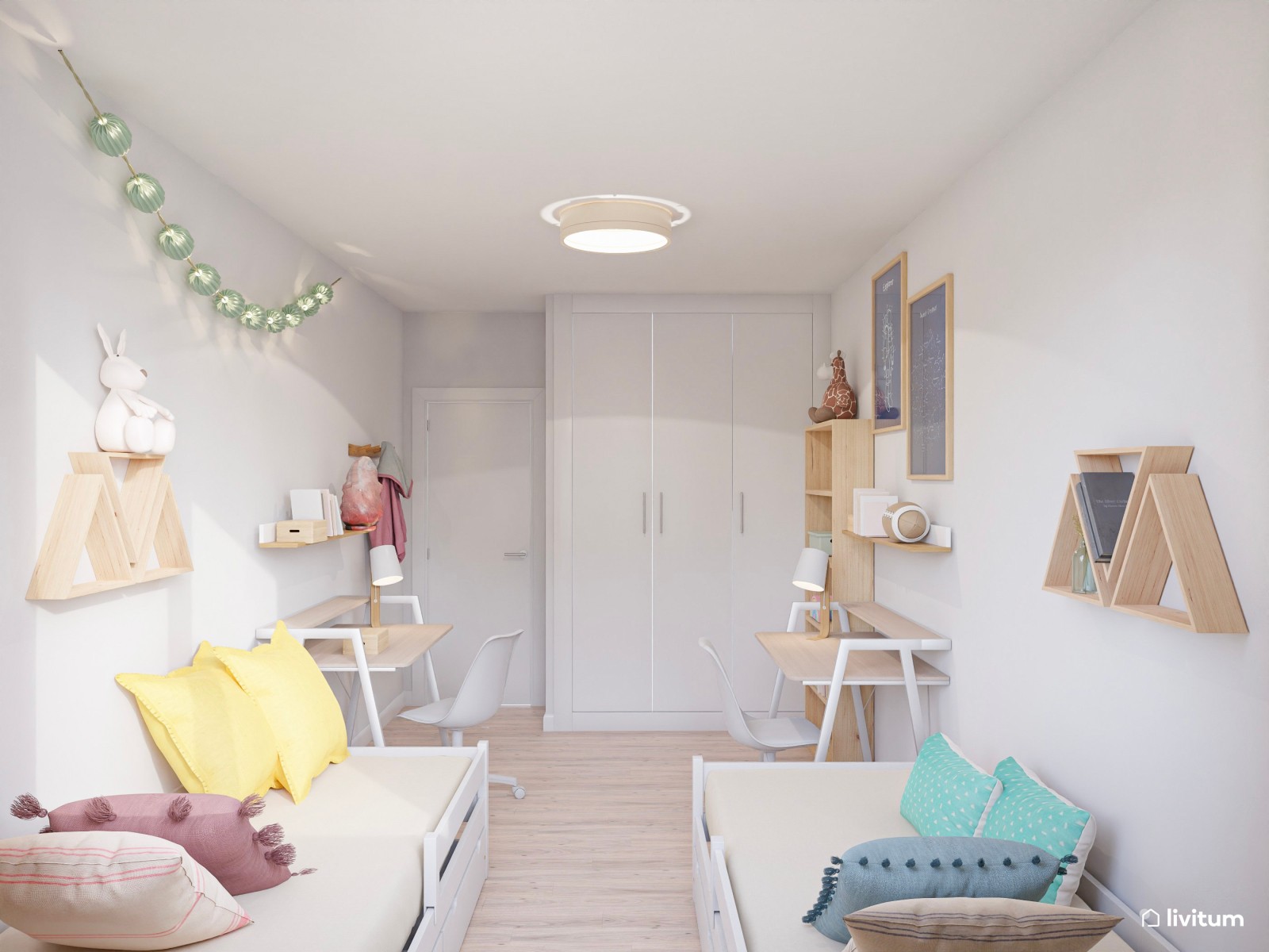 Dormitorio infantil doble con escritorios en colores claros