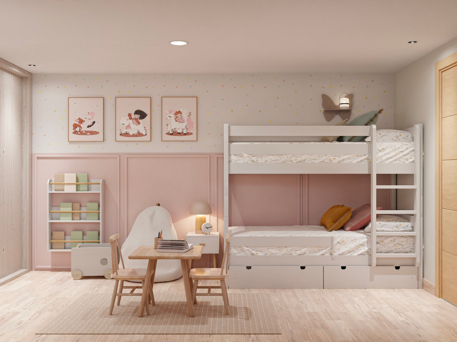 Dormitorio infantil doble con litera y tonos rosados 