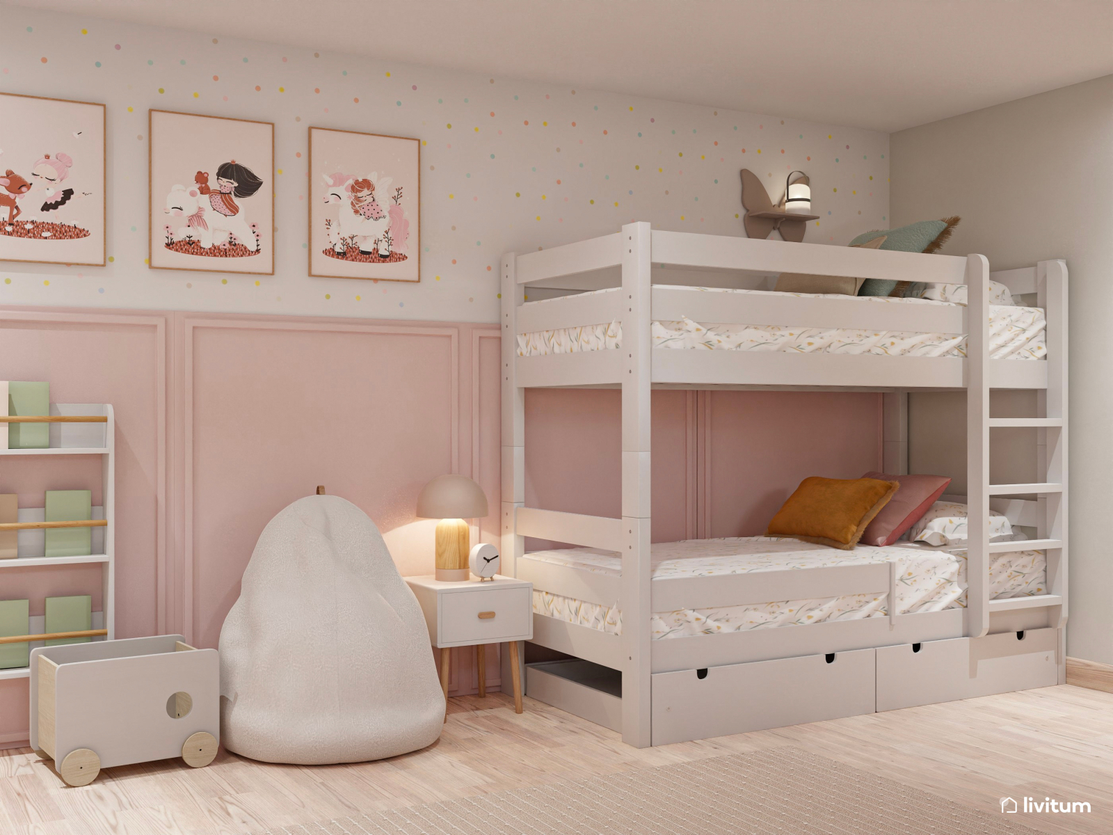 Dormitorio infantil doble con litera y tonos rosados 