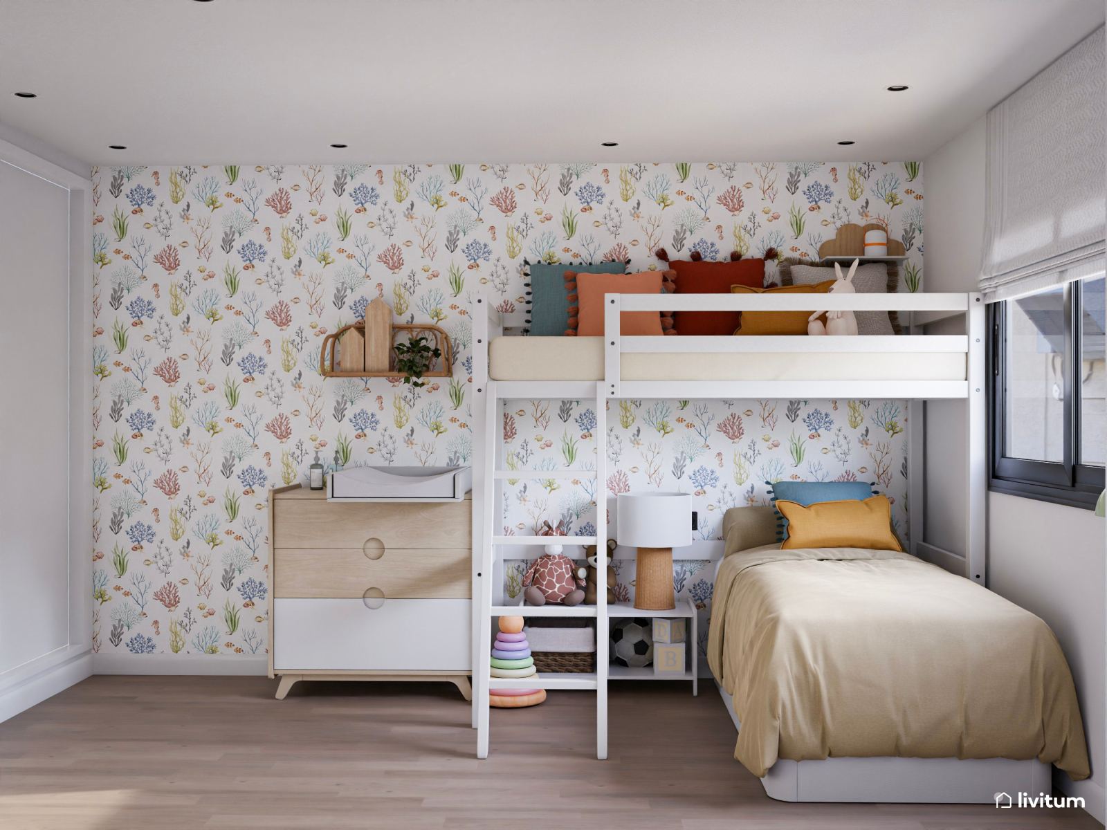 Dormitorio infantil triple con cama en alto y papel pintado