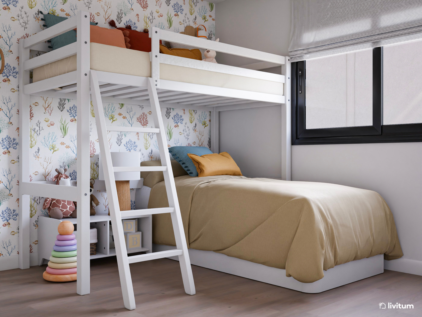 Dormitorio infantil triple con cama en alto y papel pintado