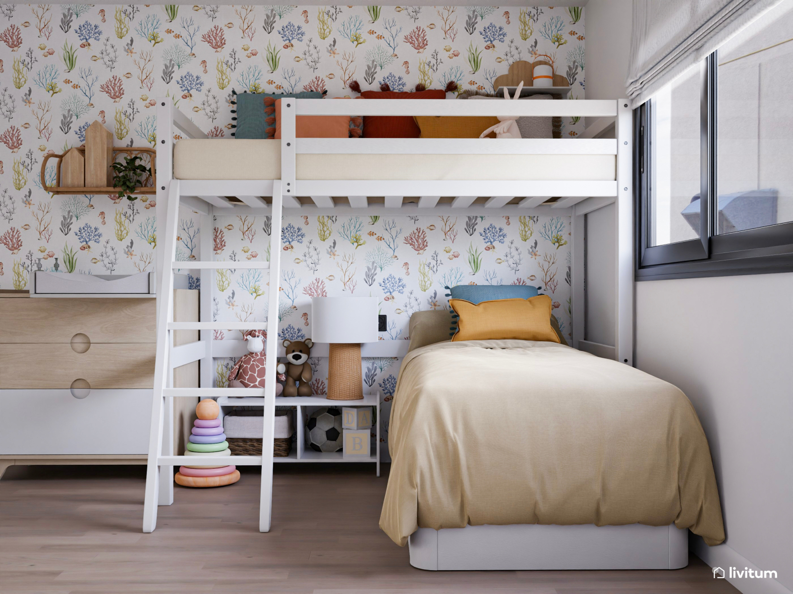 Dormitorio infantil triple con cama en alto y papel pintado