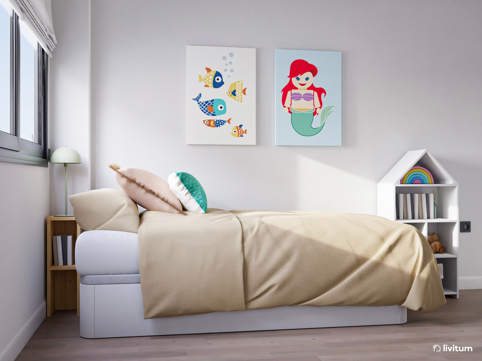 Dormitorio infantil triple con cama en alto y papel pintado