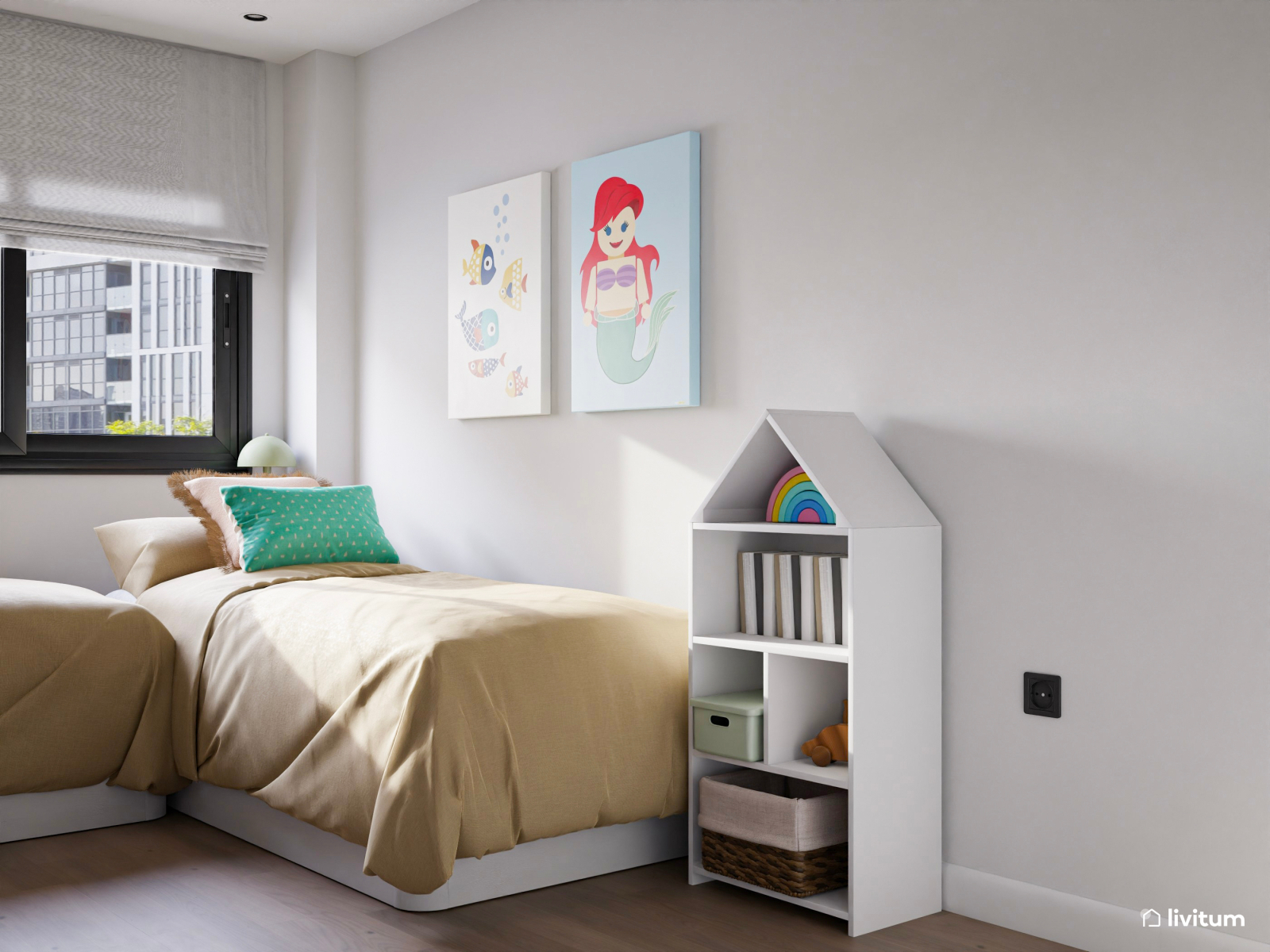 Dormitorio infantil triple con cama en alto y papel pintado