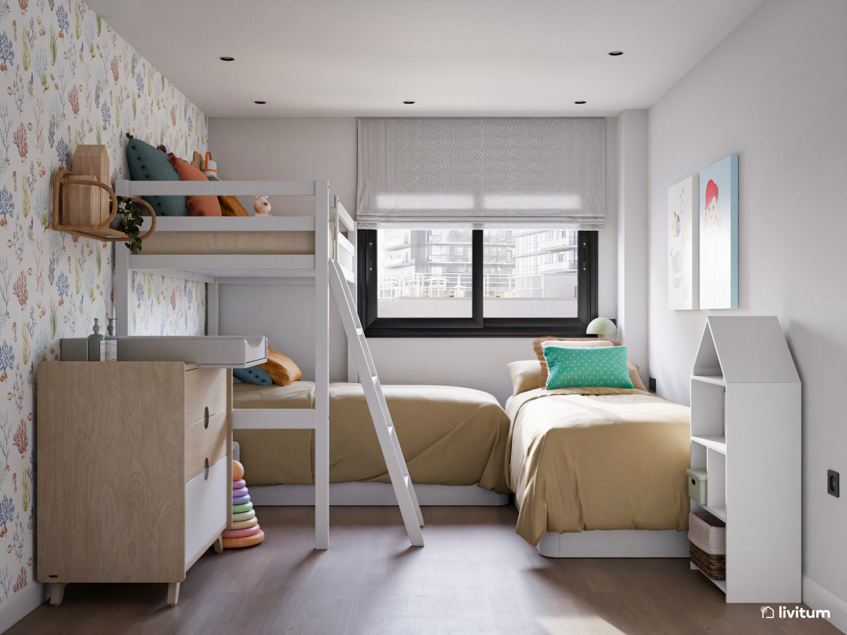 Dormitorio infantil triple con cama en alto y papel pintado