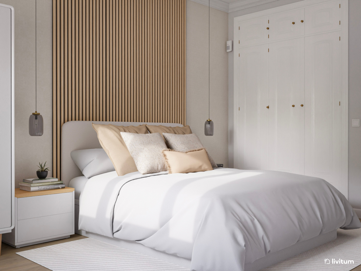 Dormitorio minimalista con escritorio y lámparas colgantes