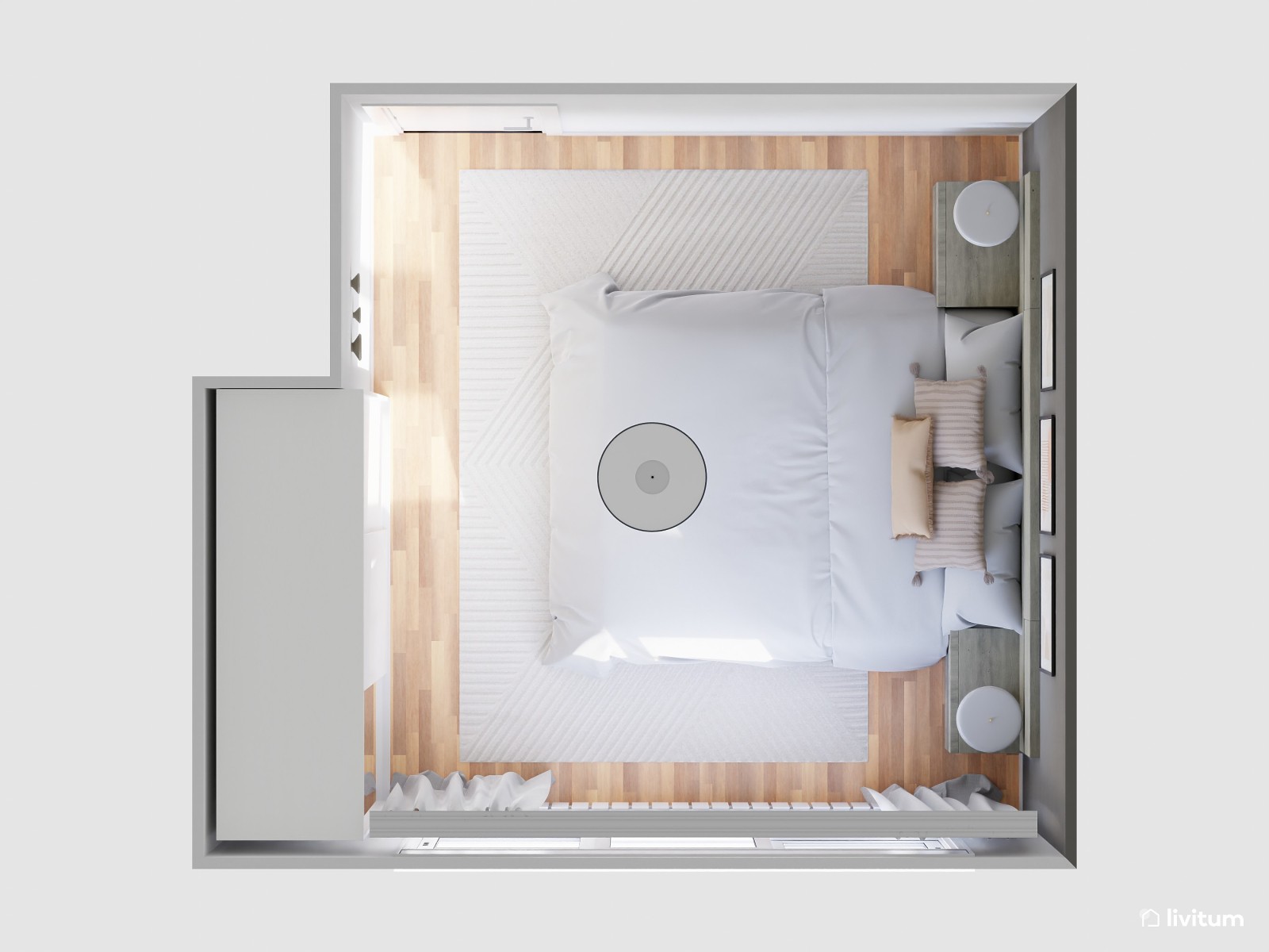 Dormitorio moderno con cabecero de fresno y gris 