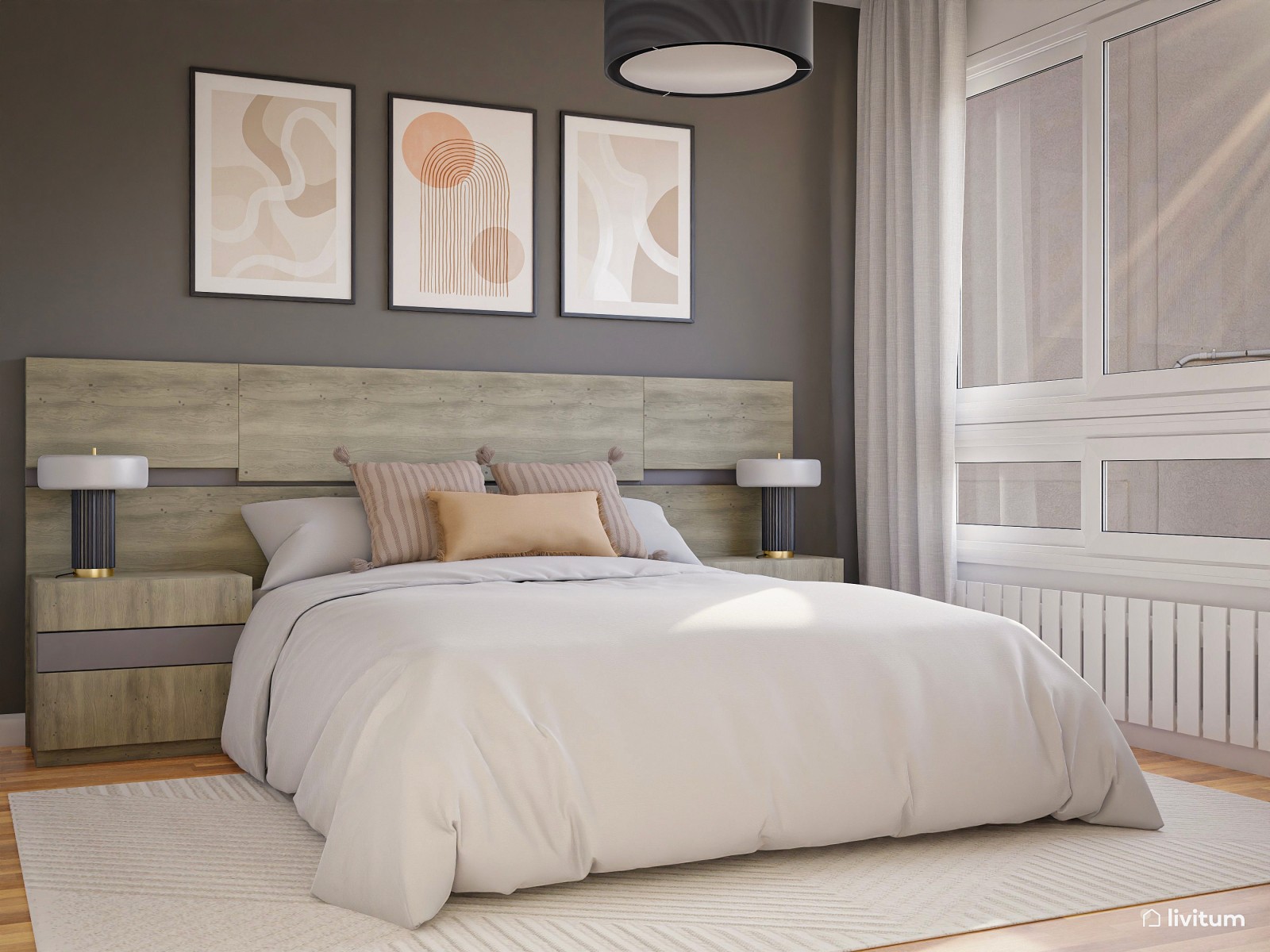 Dormitorio moderno con cabecero de fresno y gris 