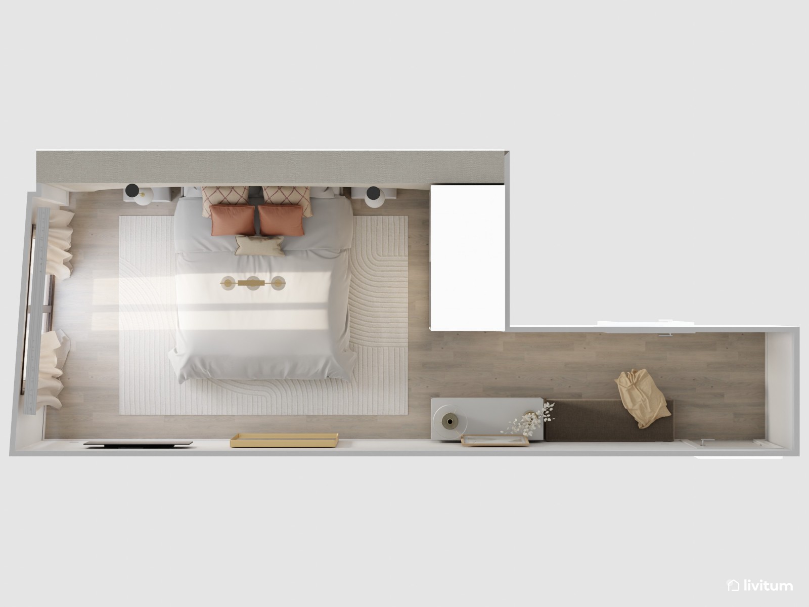 Dormitorio moderno con hornacina de obra como cabecero 