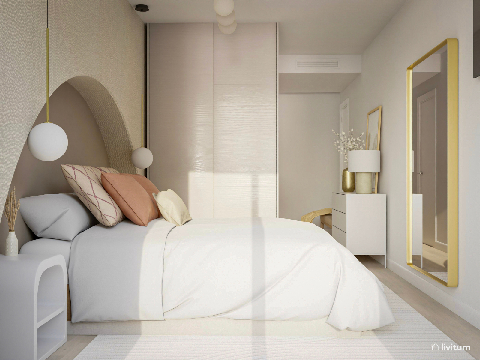 Dormitorio moderno con hornacina de obra como cabecero 