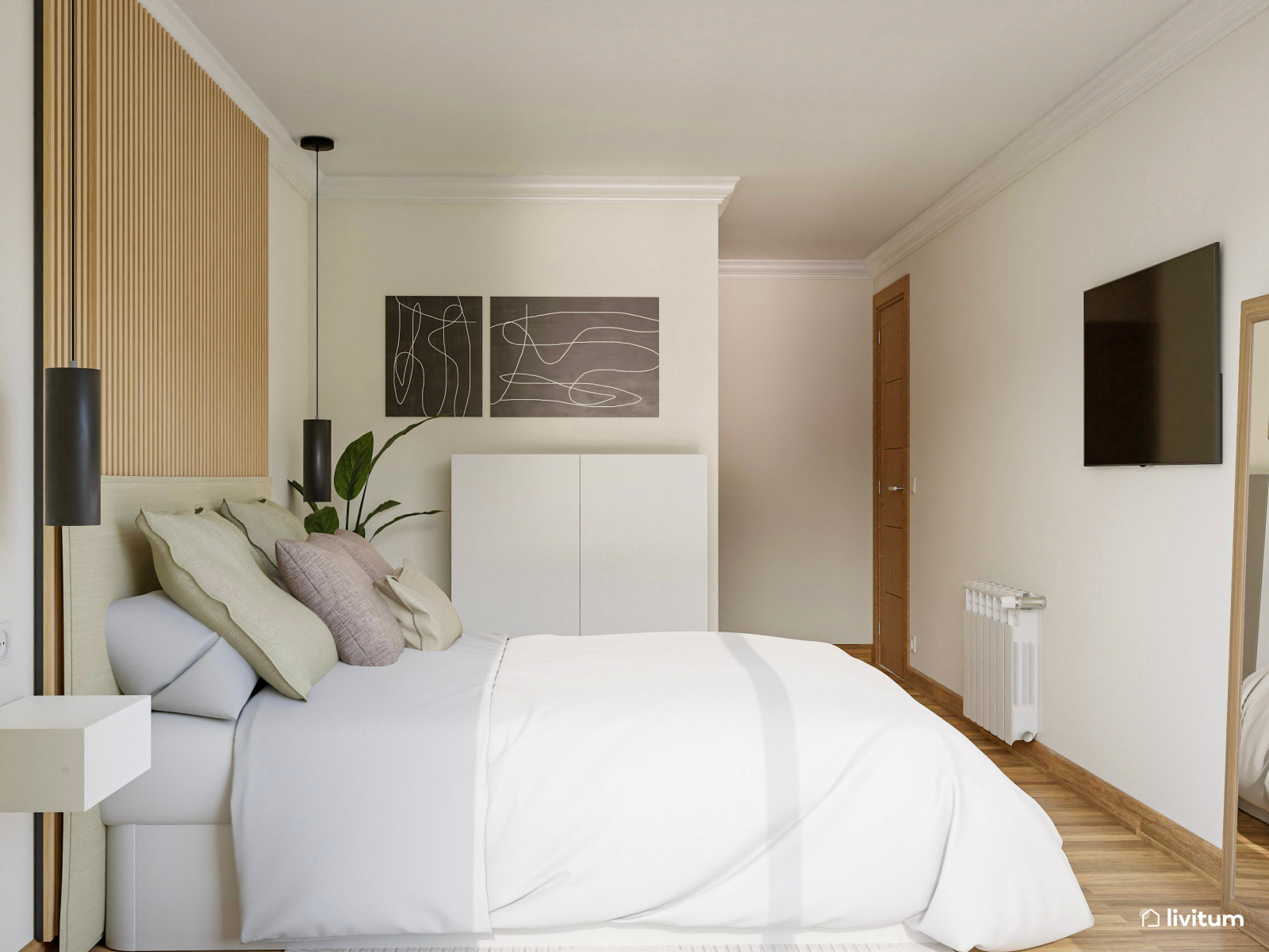 Dormitorio moderno con listones de madera y tonos suaves 