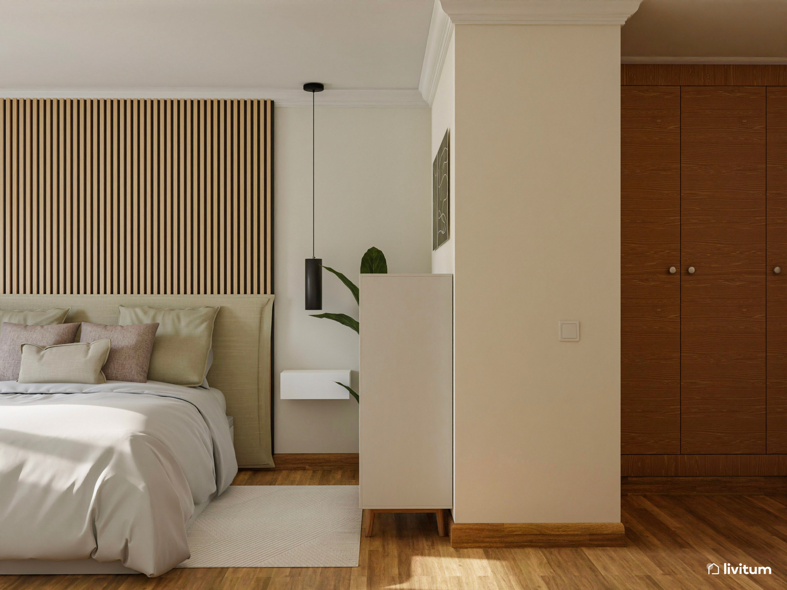 Dormitorio moderno con listones de madera y tonos suaves 