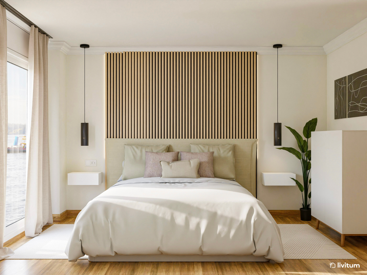 Dormitorio moderno con listones de madera y tonos suaves