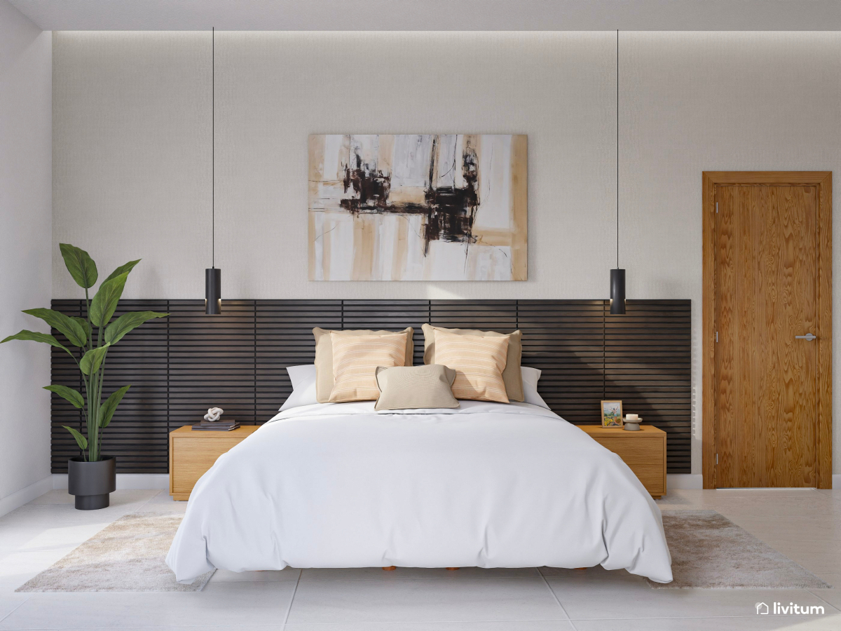 Dormitorio moderno con un cabecero de listones negros