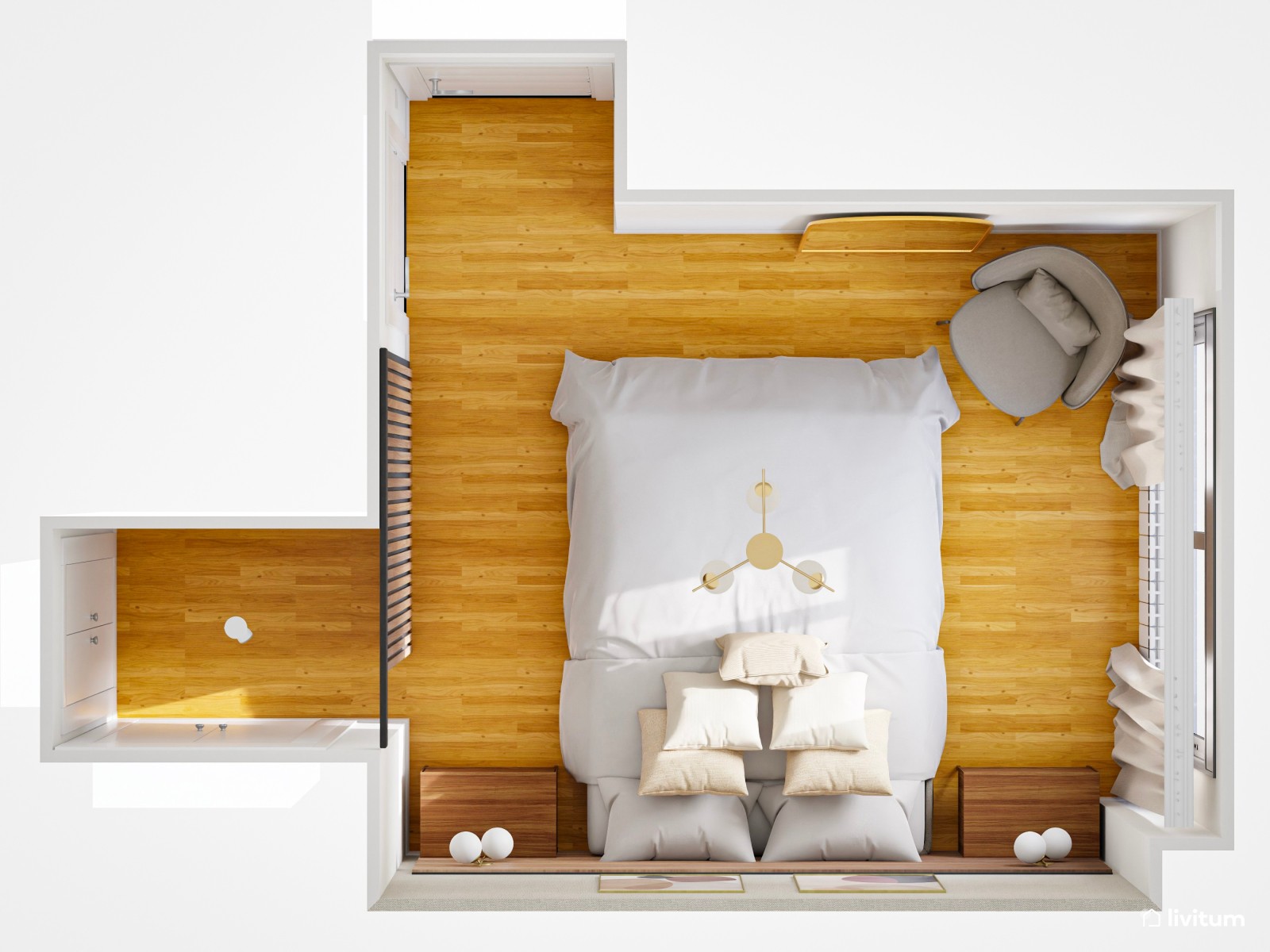 Dormitorio moderno luminoso con listones de madera