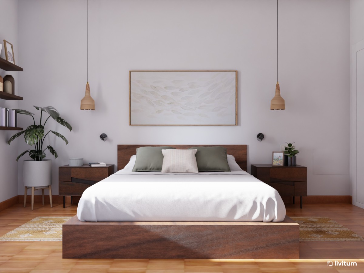 Precioso dormitorio nórdico con listones y banco de madera 