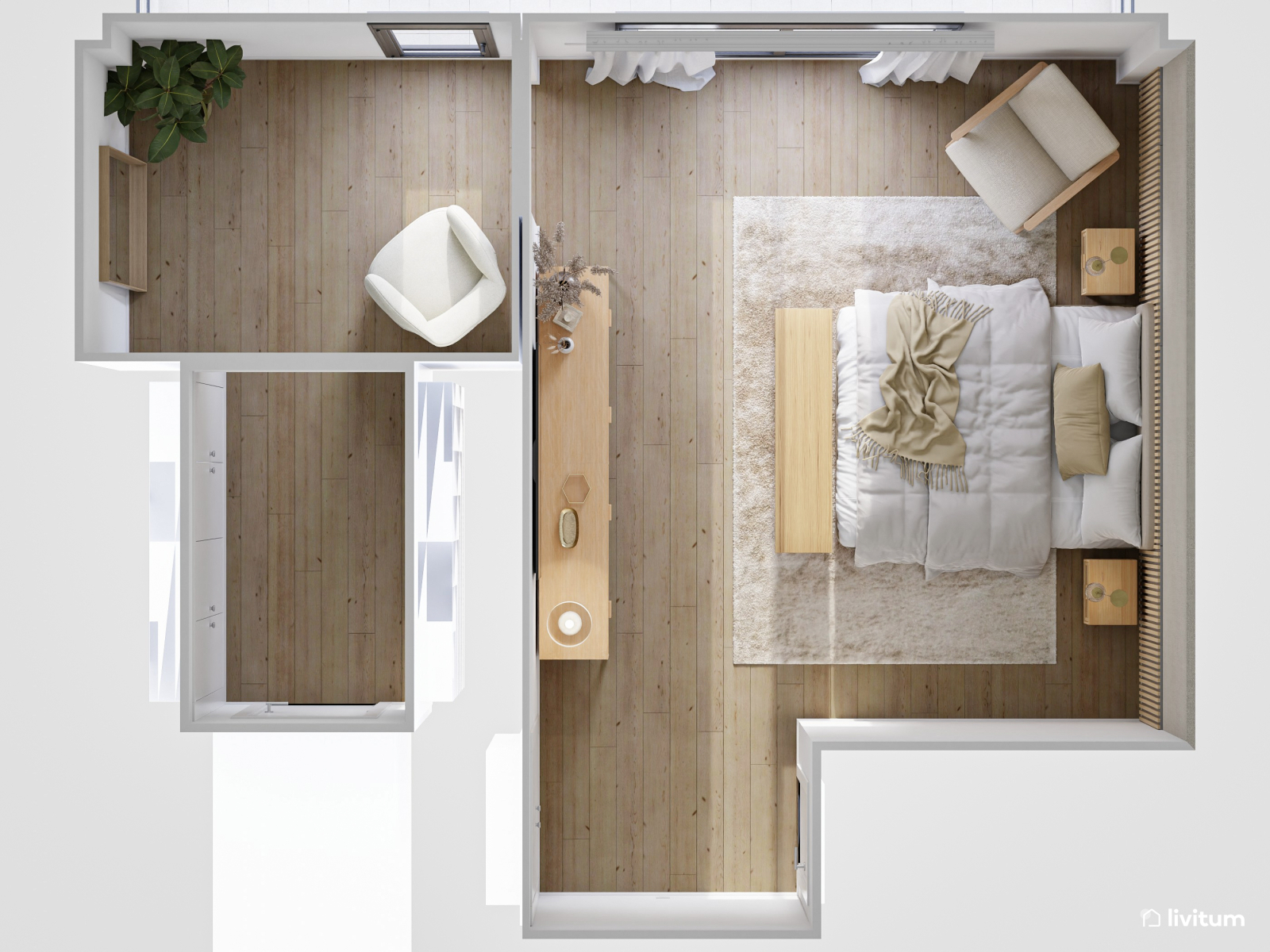 Dormitorio moderno y cálido con listones de madera