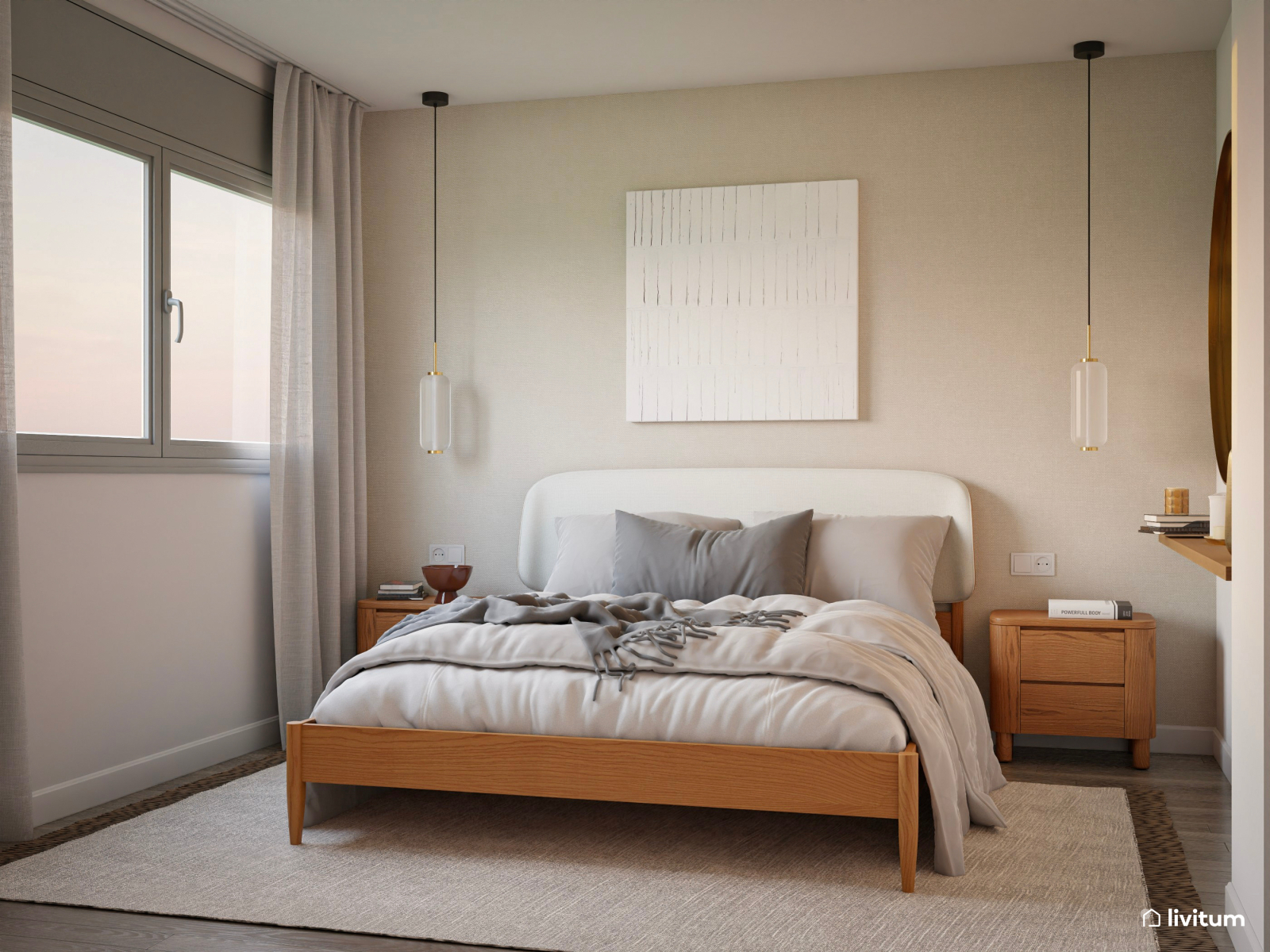 Dormitorio moderno y elegante con cabecero tapizado blanco