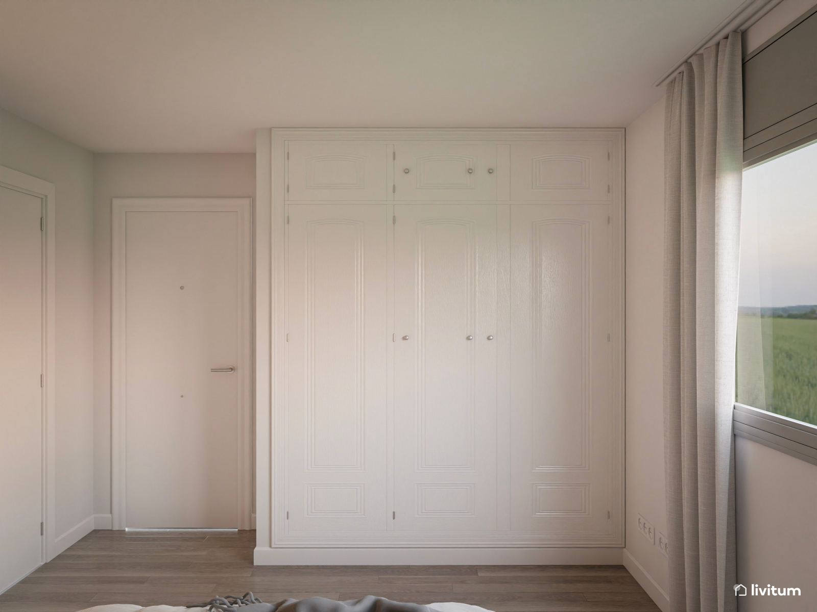 Dormitorio moderno y elegante con cabecero tapizado blanco