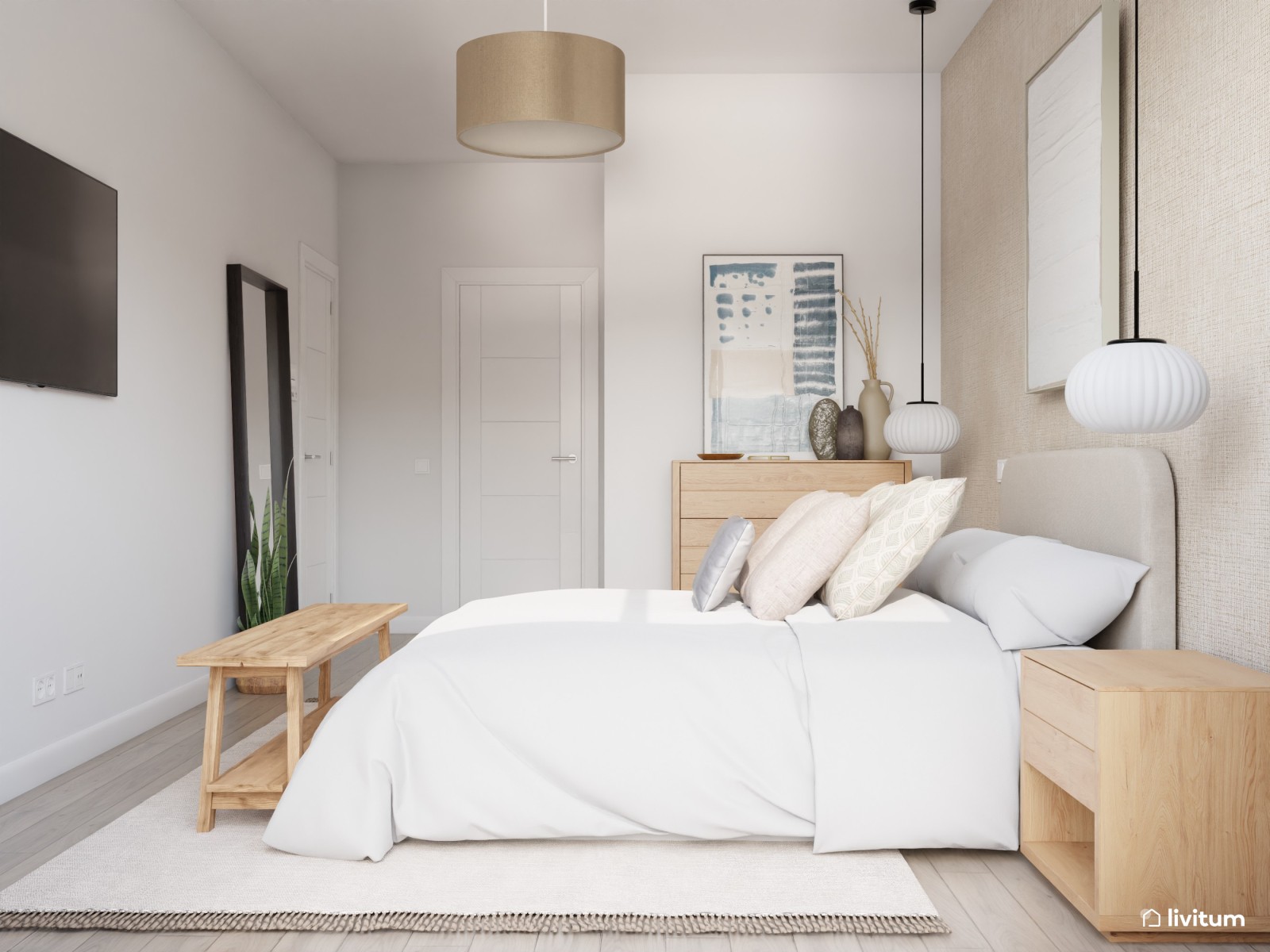 Dormitorio moderno y minimalista con lámparas colgantes 