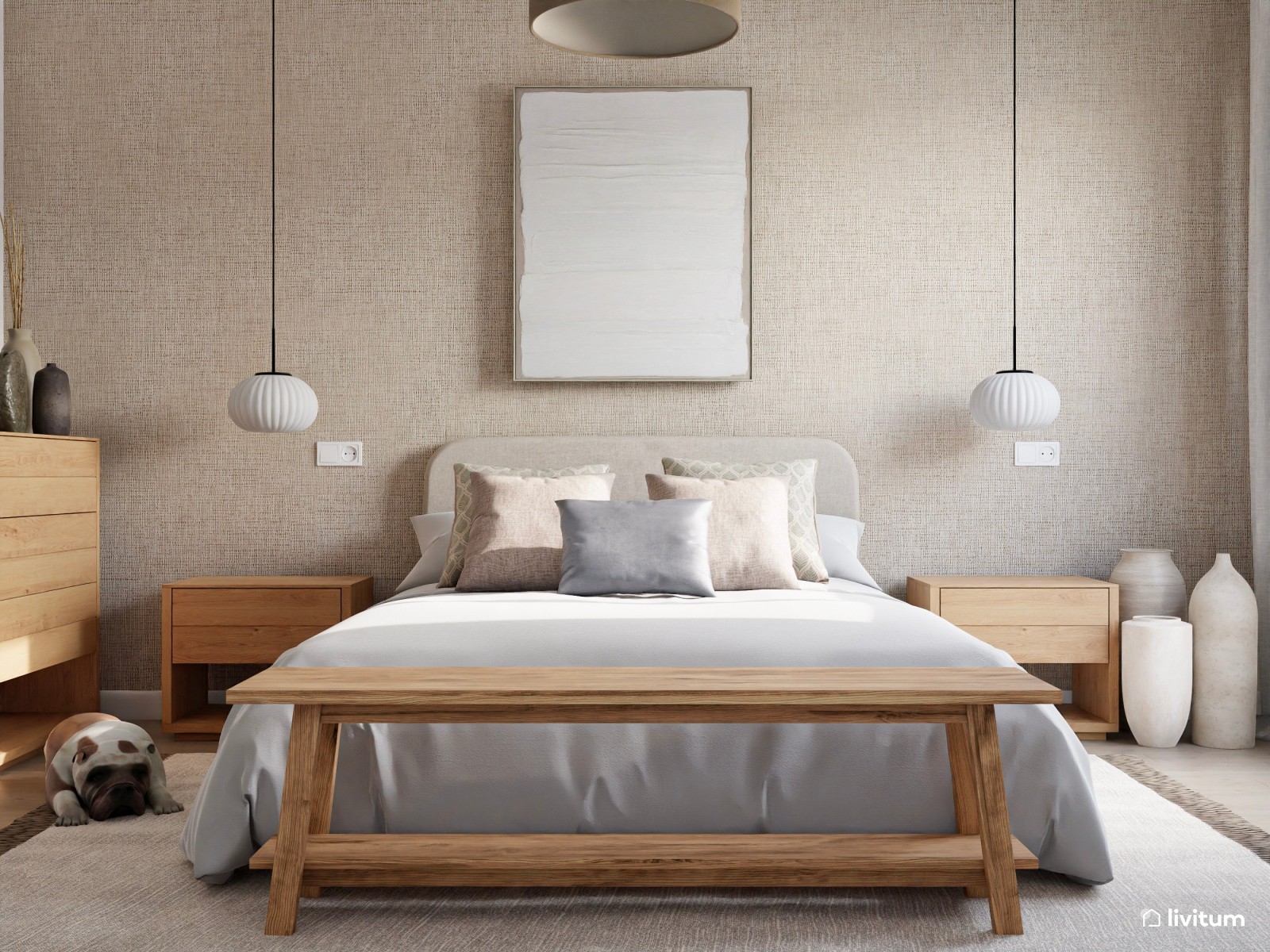 Dormitorio moderno y minimalista con lámparas colgantes 