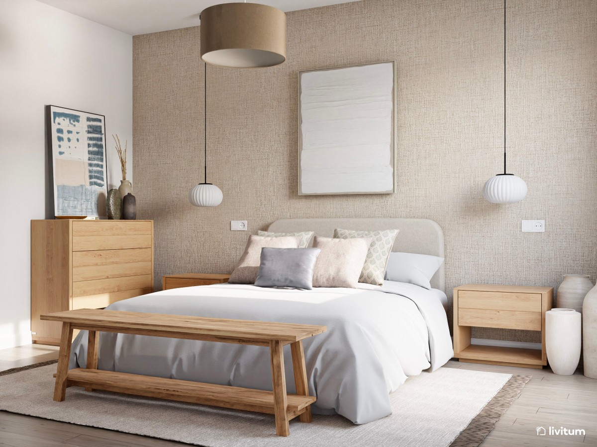 Dormitorio moderno y minimalista con lámparas colgantes