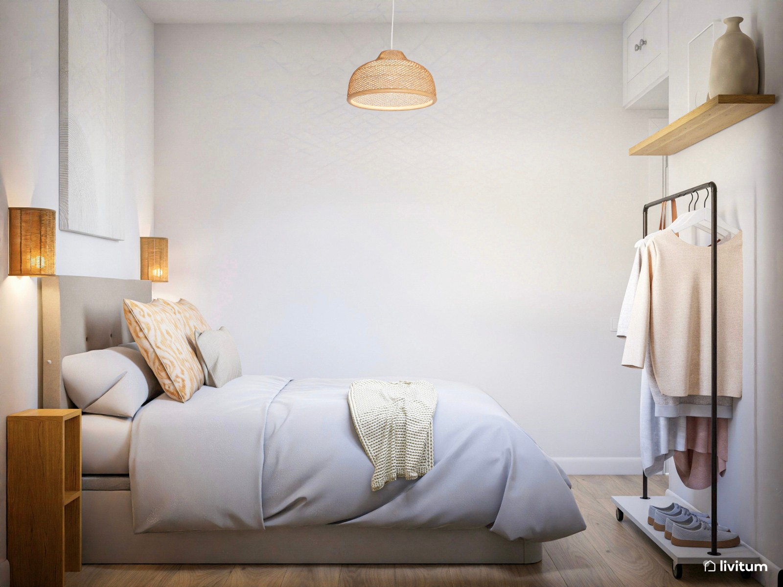 Dormitorio moderno y rústico con accesorios en fibras naturales 