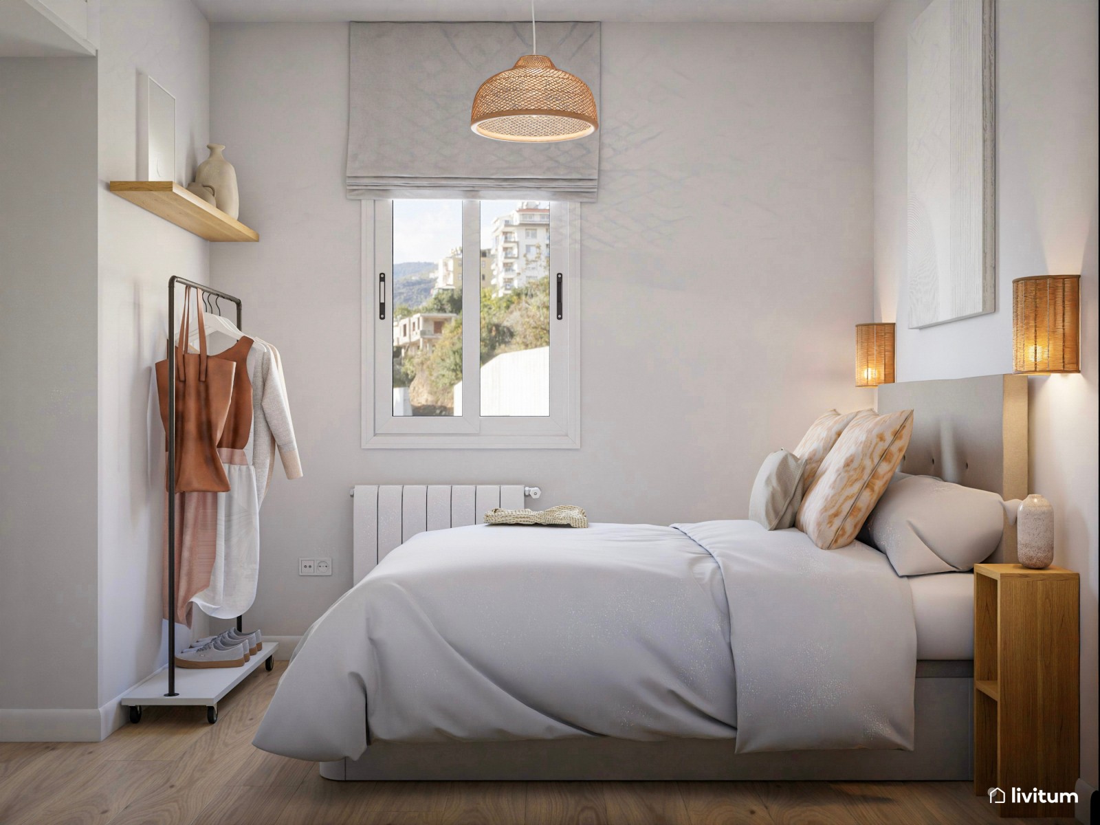 Dormitorio moderno y rústico con accesorios en fibras naturales 