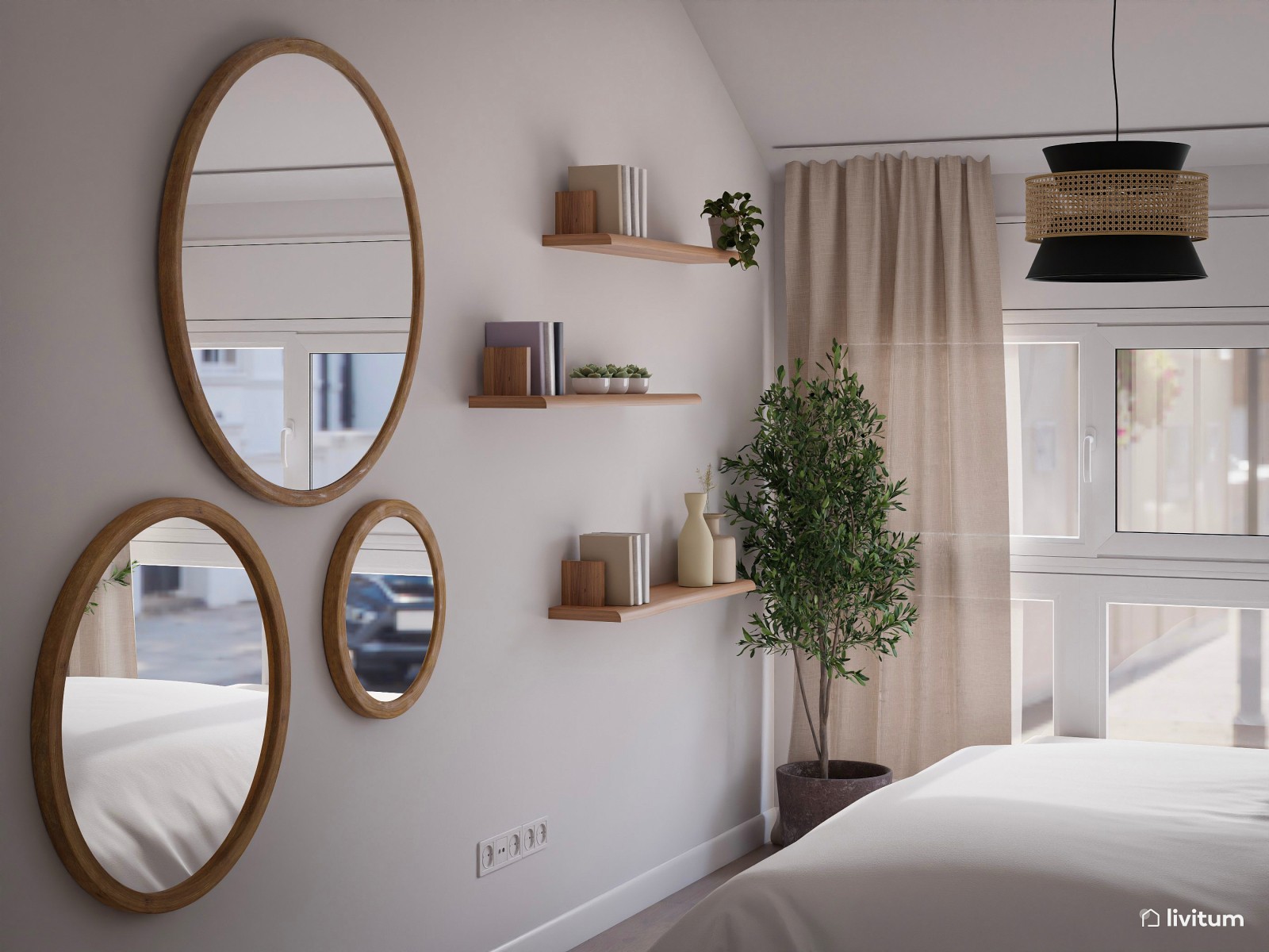 Dormitorio nórdico, acogedor con espejos ovalados 