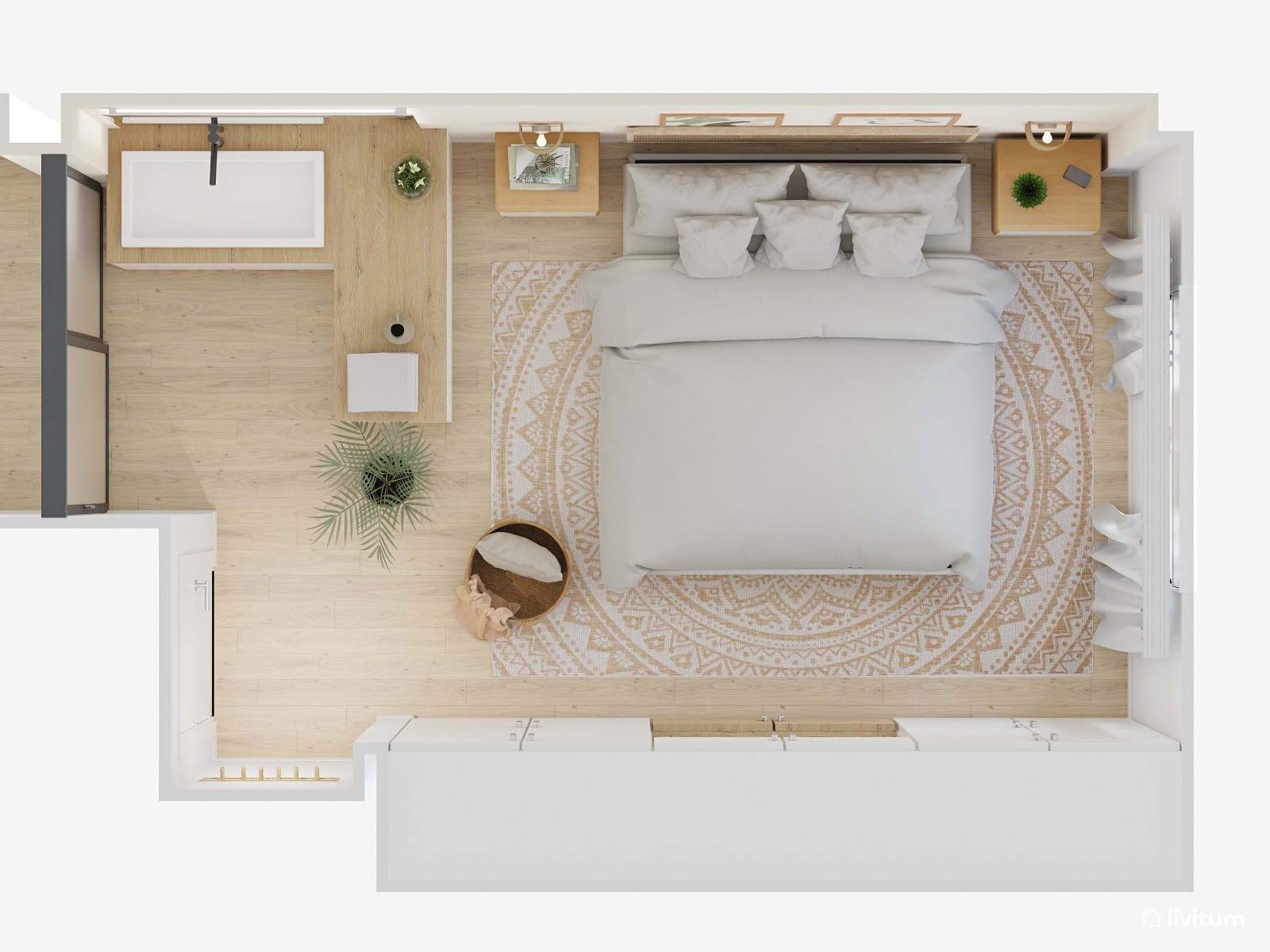 Dormitorio nórdico con baño integrado  