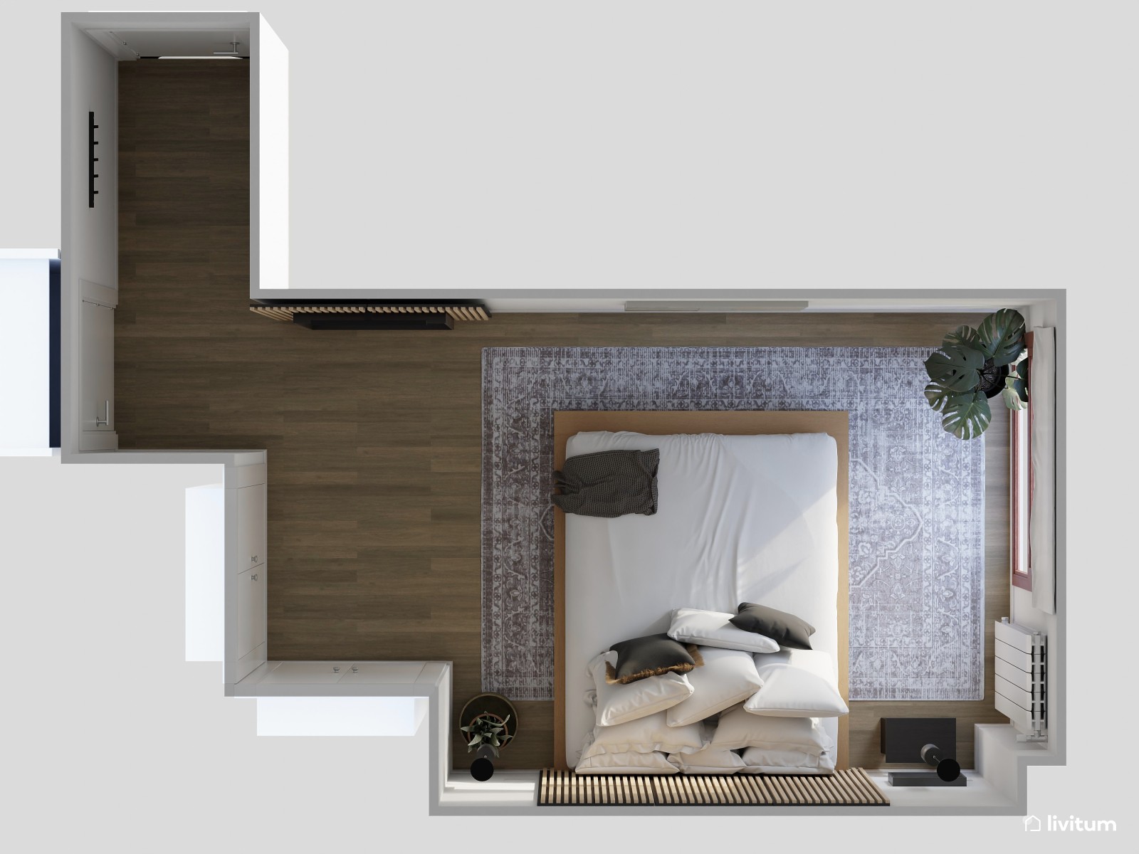 Dormitorio nórdico con cabecero de listones de madera 
