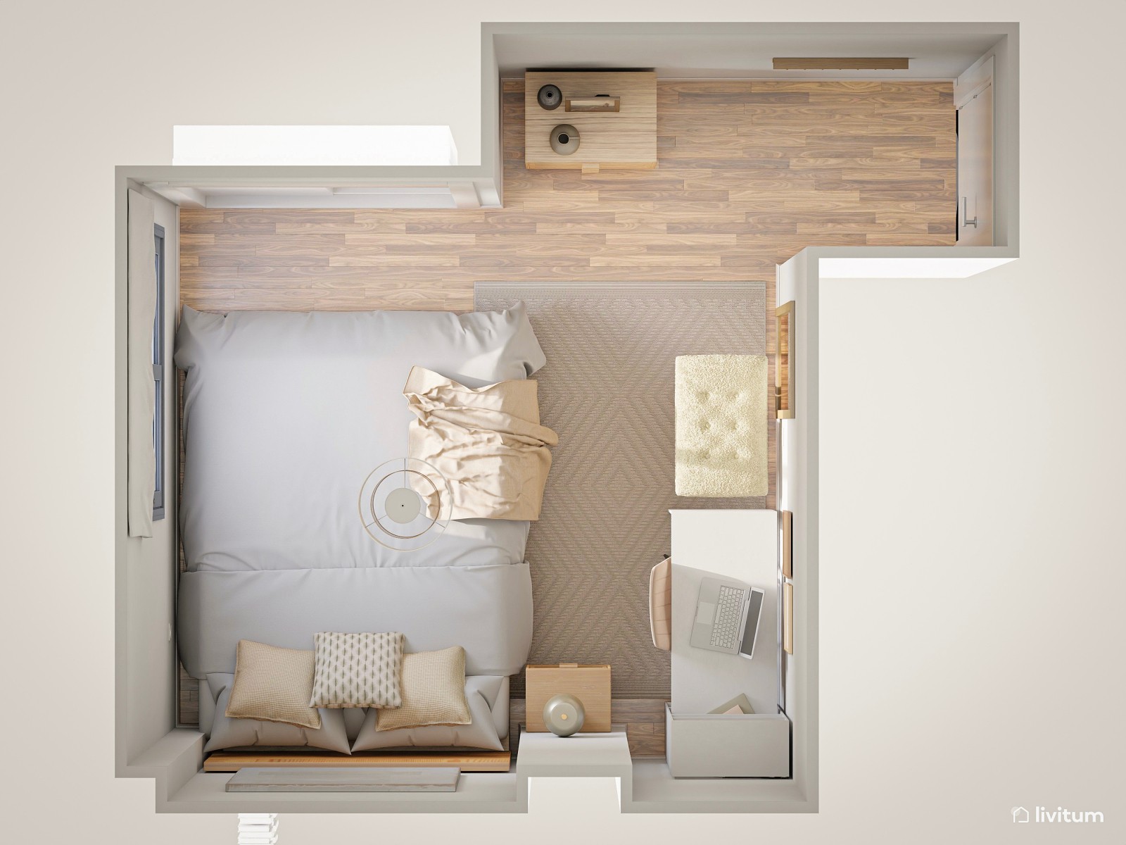 Dormitorio nórdico con escritorio con estantería integrada 