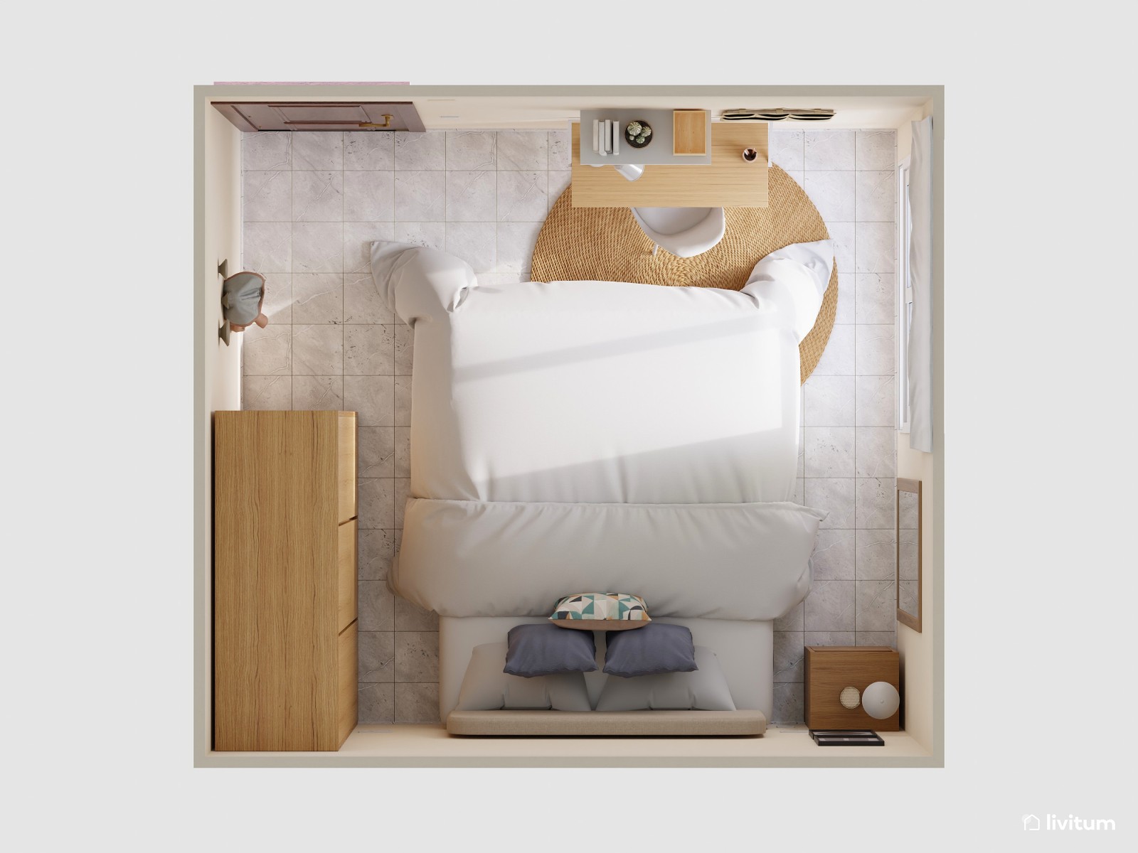 Dormitorio nórdico con un práctico escritorio colgado