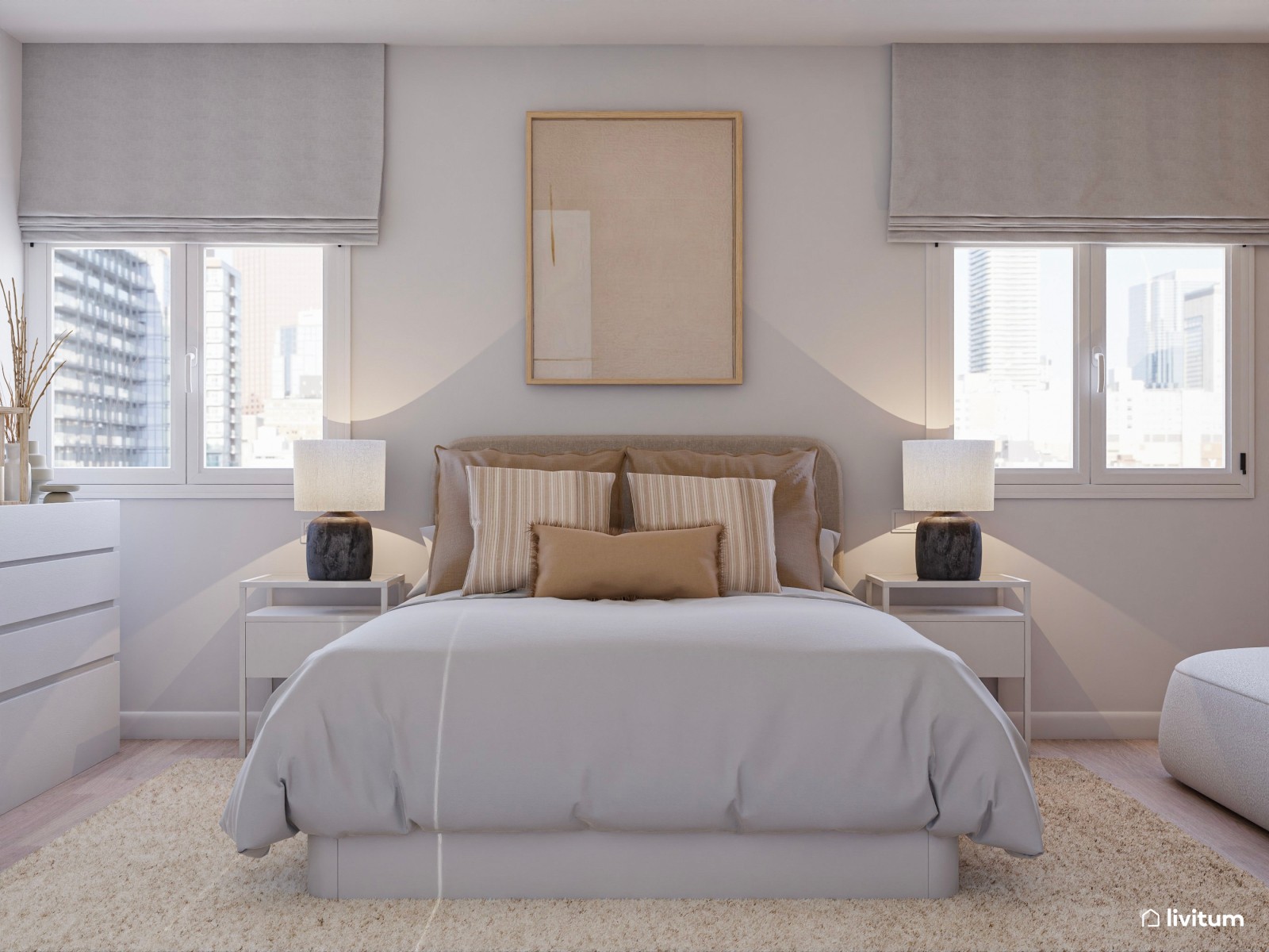 Dormitorio nórdico en blanco, beige y madera clara 