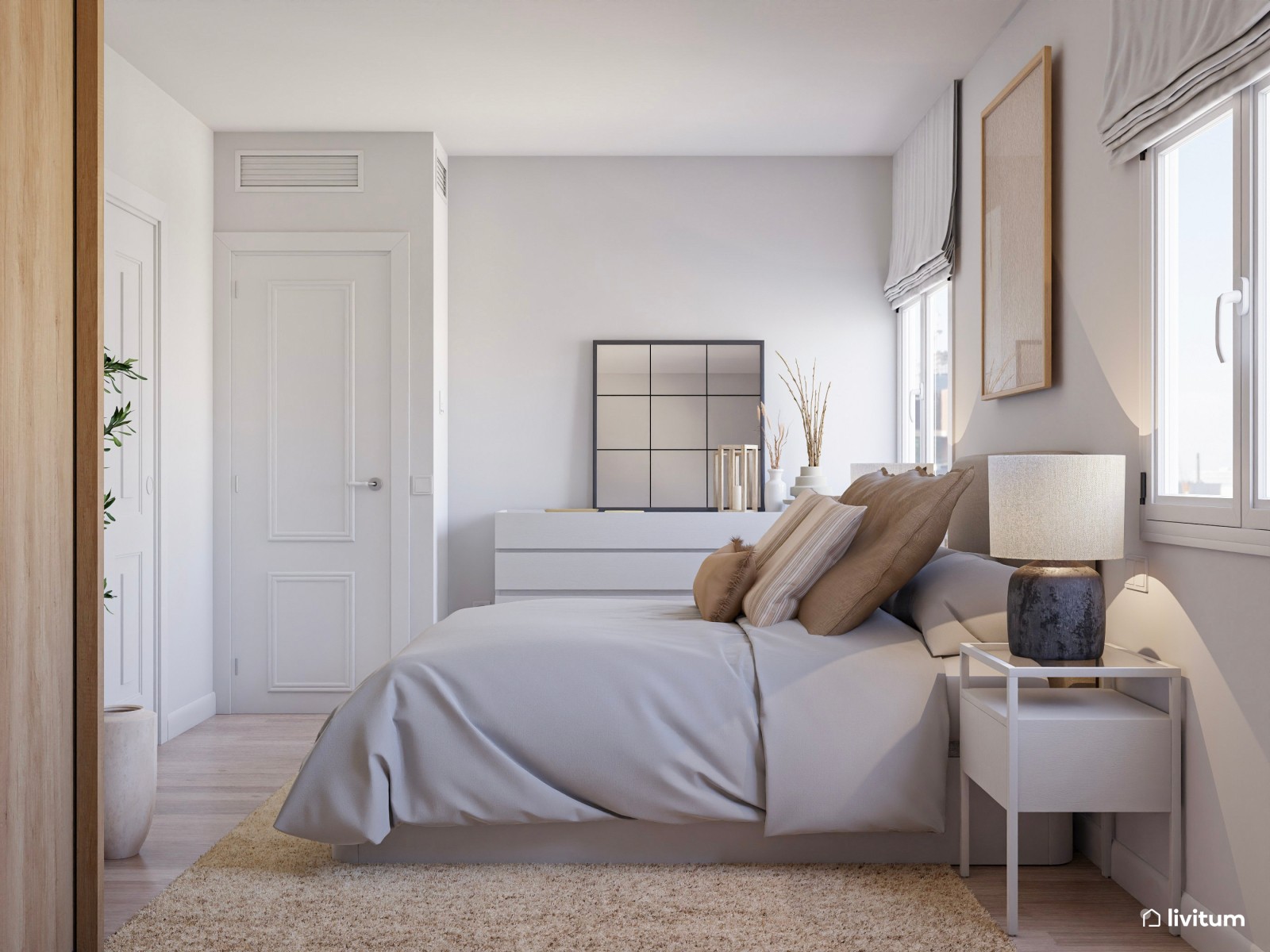 Dormitorio nórdico en blanco, beige y madera clara 