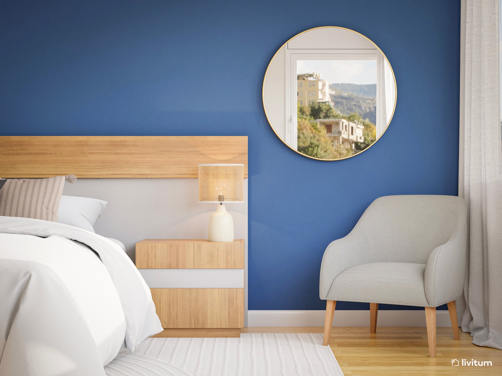 Dormitorio nórdico en madera y azul cobalto 