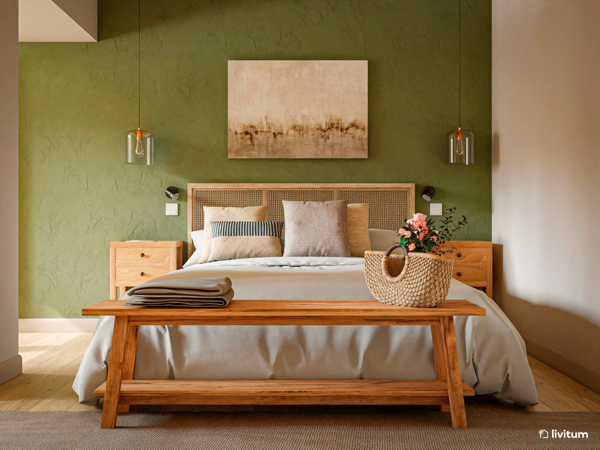Dormitorio nórdico en tono verde oliva